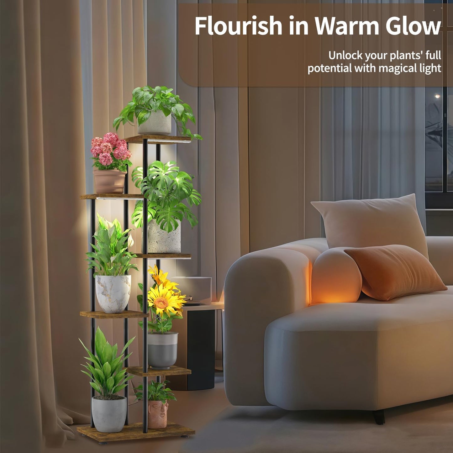 LASZOLA Black 5 Tier Wood Tall Plant Stand Indoor with Grow Lights, Large Heavy Duty Vertical Corner Rack for Multiple Planter, Sturdy Metal Rustic High Flower Shelf Holder Organizer for House Patio