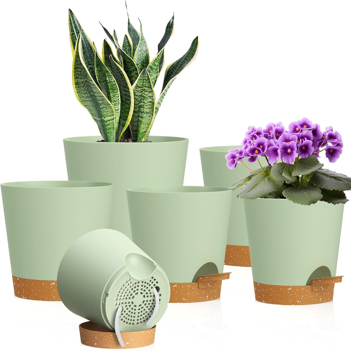 7/6.5/6/5.5/5/4 inch Self Watering Pots for Indoor Outdoor Plants, 6 Pack Plastic Flower Planters with Drainage Holes and Removable Saucers, Plant Pots with Wicking Rope, Green Brown