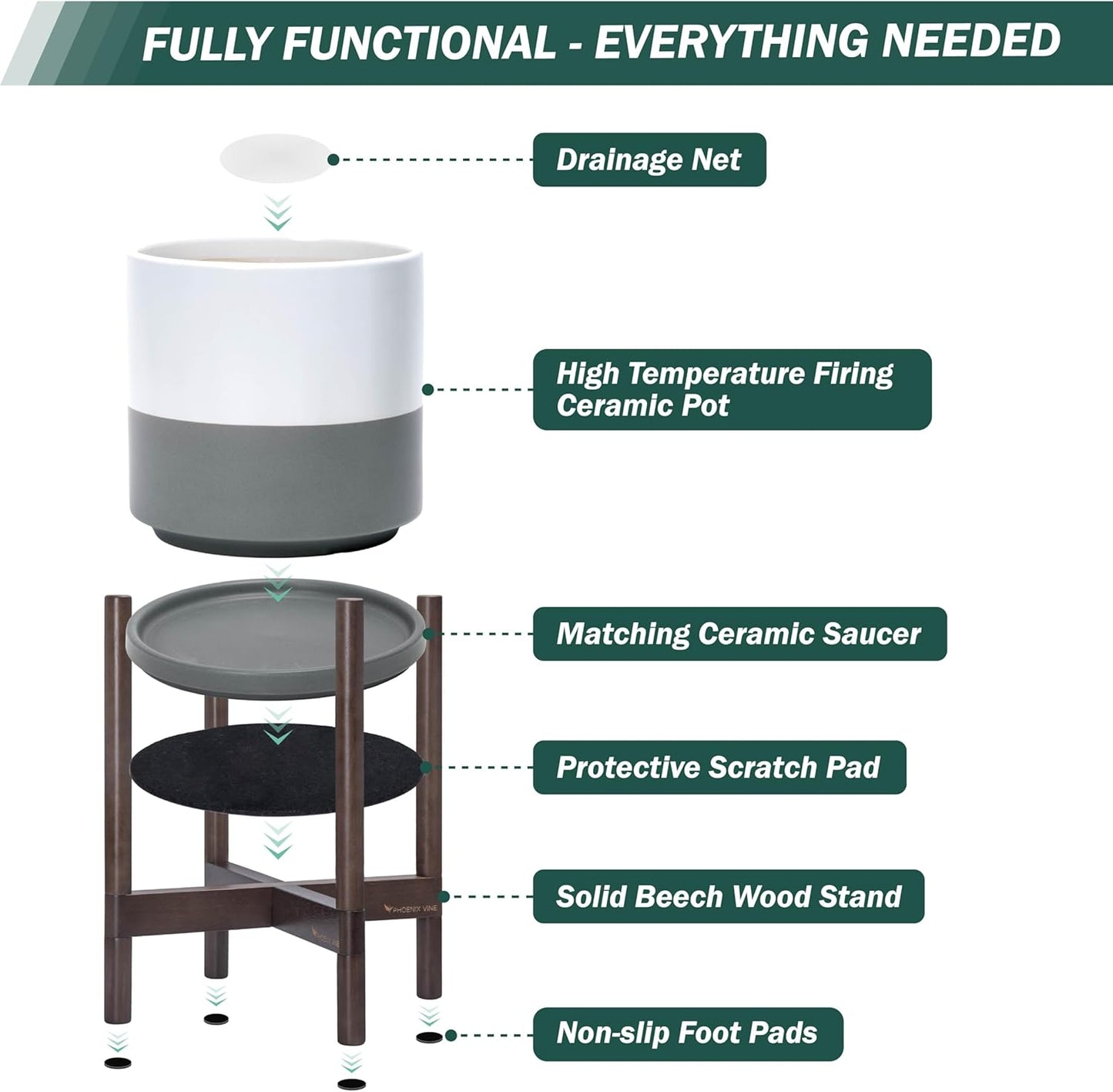 D'vine Dev Ceramic Planter with Walnut Color Stand - 8 Inch Modern Round Flower Pot with Wood Planter Holder, White/Grey, 55-B-Y-6