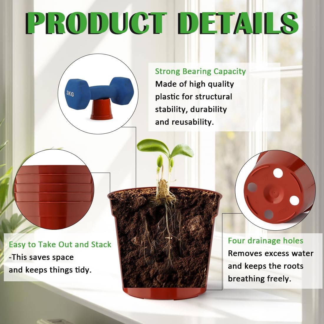 100-Pack 2.5 inches Plus Tiny Round Plant Pots Succulent Seedling Nursery Pots Made from Virgin Grade PP Material(Tiny, 68mm2.5 inch)