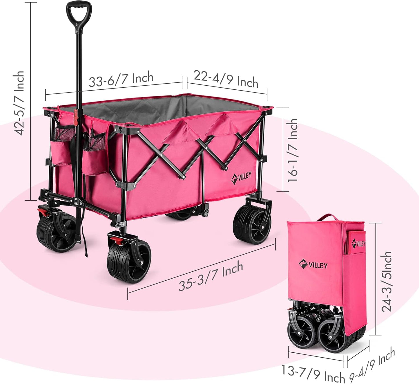 VILLEY Collapsible Folding Wagon with Big Wheels, Enlarged 225lbs Capacity, All Terrain Wagons Carts Heavy Duty Foldable, Portable Utility Garden Cart with 2 Cup Holders and Brake, Pink