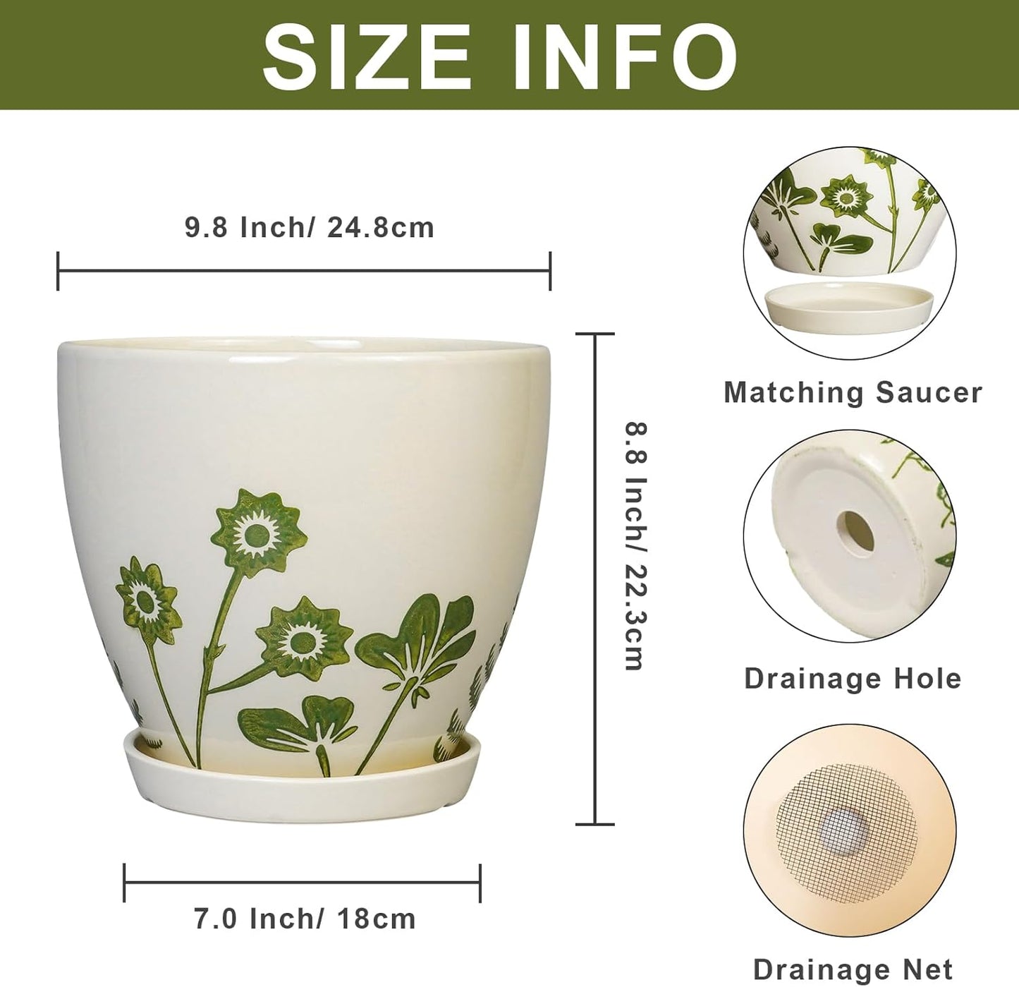 Ceramic Plant Pot 10 Inch - Ceramic Planter for Indoor Outdoor Plants, Decorative Boho Round Planter with Drainage Hole and Saucer, Housewarming Gifts, Office Garden Home Decor, White