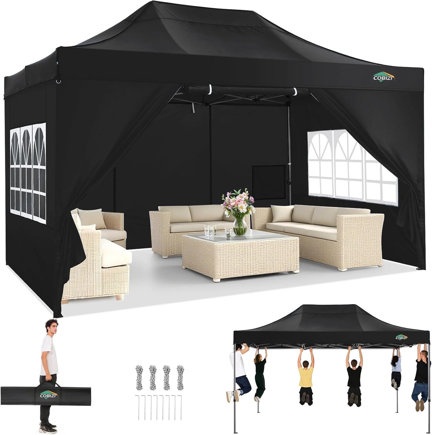 COBIZI 10x15 Pop up Canopy Tent Heavy Duty with 4 Sidewalls, Easy Set-up Commercial Outdoor Party Tent, 100% Waterproof Wedding Canopy Gazebo, 3 Height Adjustable with Handbag, Black