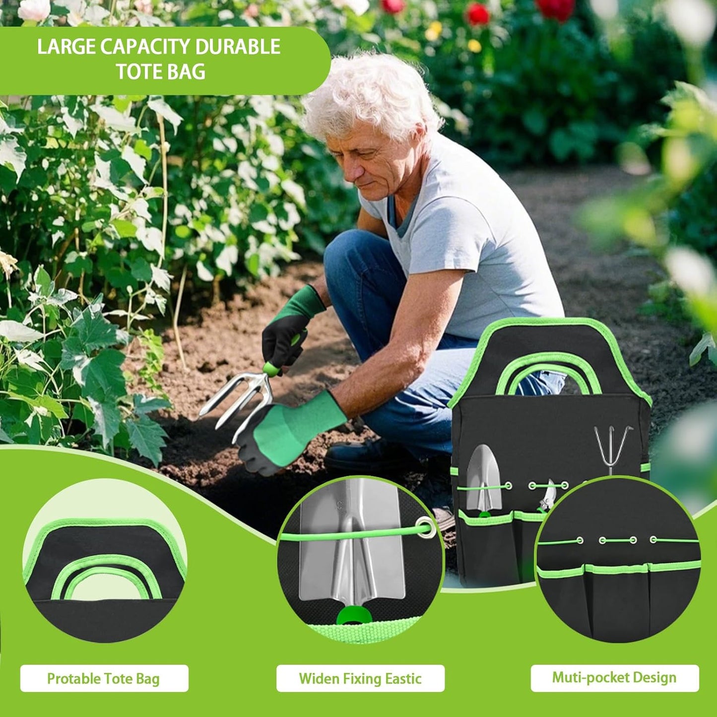 11Pcs Heavy Duty Gardening Tool Set, Shovel Stainless Steel with Non-Slip Rubber Grip, Canvas Storage Bag for Women Gardeners Pruning Shears Plant Care Weeding Tools