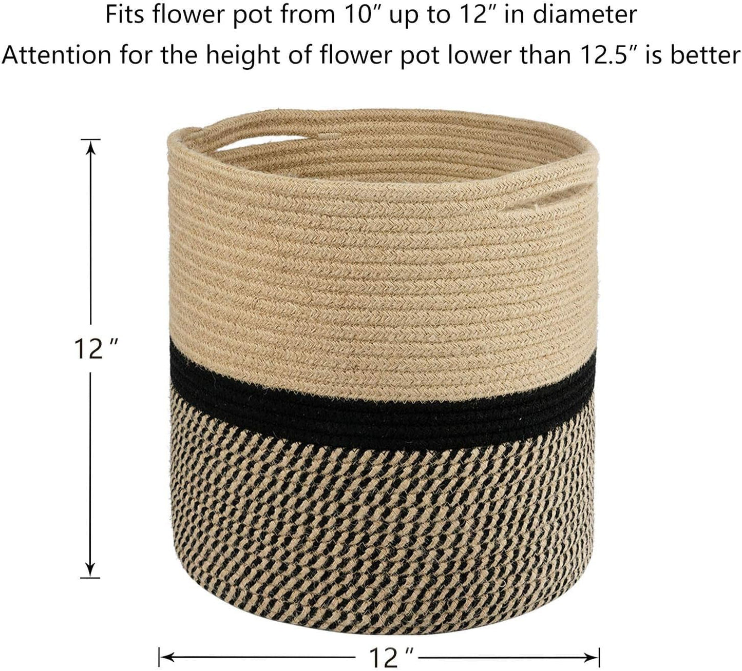 TIMEYARD Sturdy Jute Rope Plant Basket Modern Woven Basket for 11" Flower Pot Floor Indoor Planters, 12'' x 12'' Storage Organizer Baskets Rustic Home Decor, Black and Beige Stripes