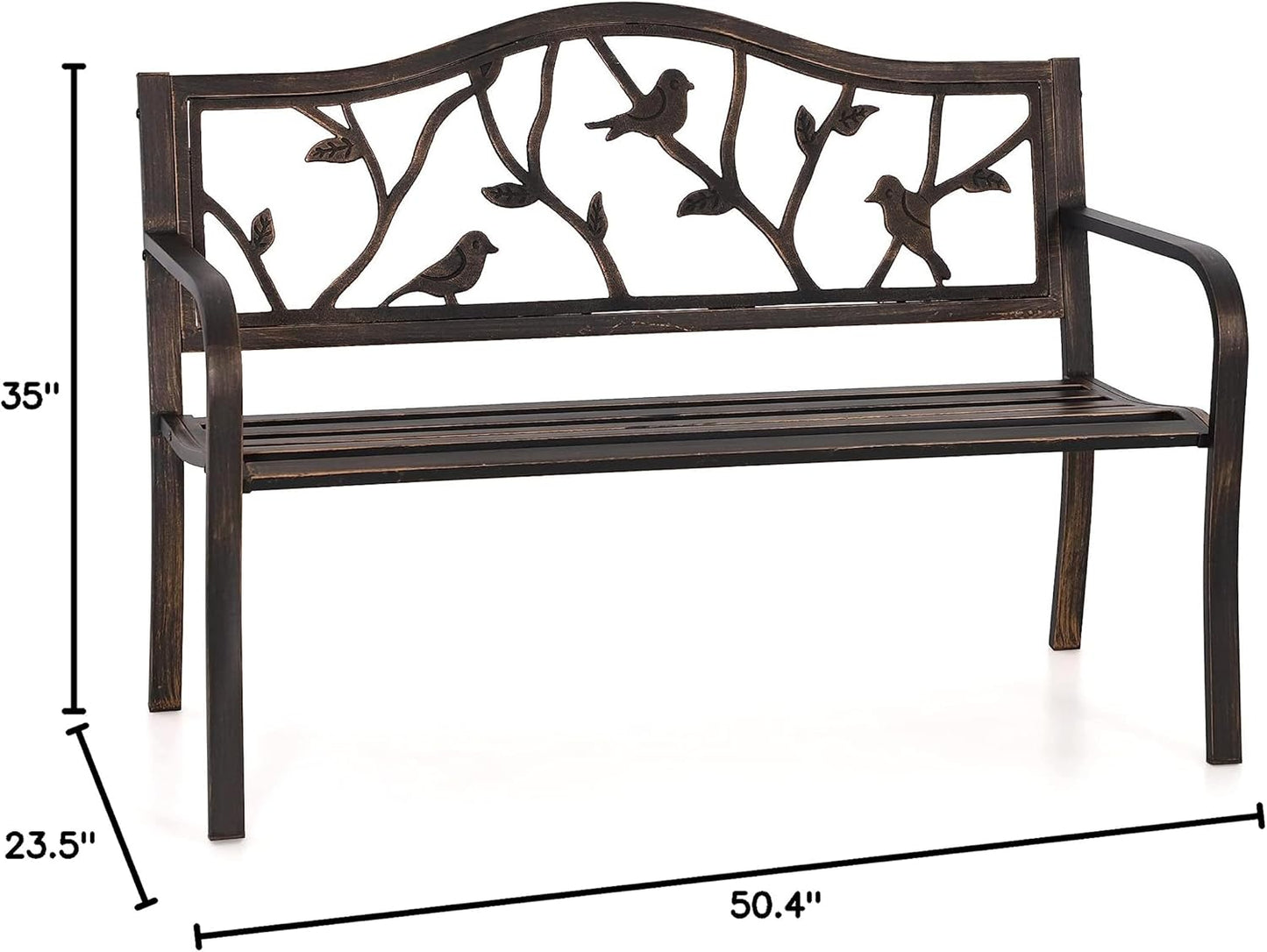 PHI VILLA Outdoor Garden Park Bench Patio 50" Metal Bench, Steel Frame Bench with Backrest and Armrests for Porch, Lawn, Balcony, Backyard and Indoor, Bronze