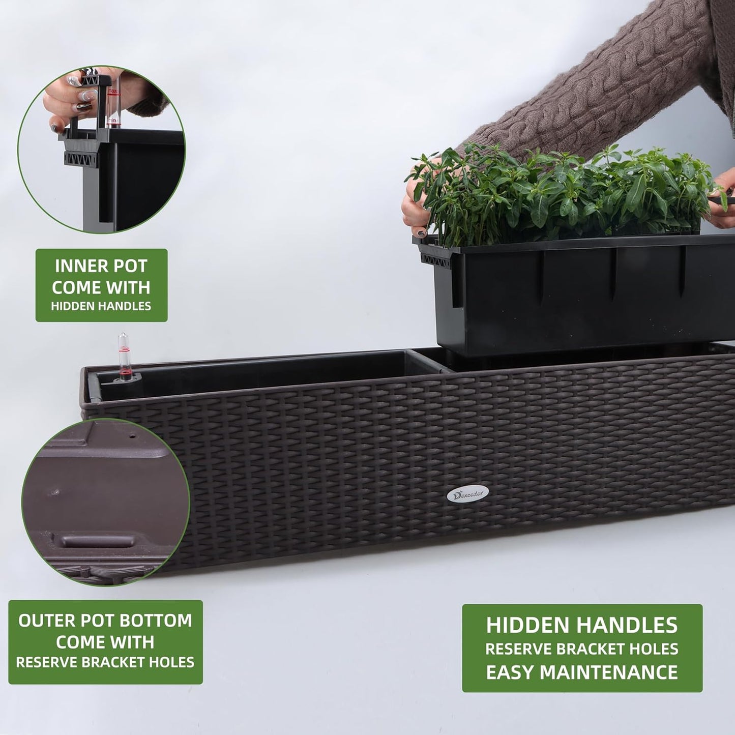 Dexceder 31.5 Inch Rattan Self Watering Planter Indoor Outdoor, Thickened Large Rail Flower Plant Pot Window Box with Water Level Indicators & Bracket (Brown)