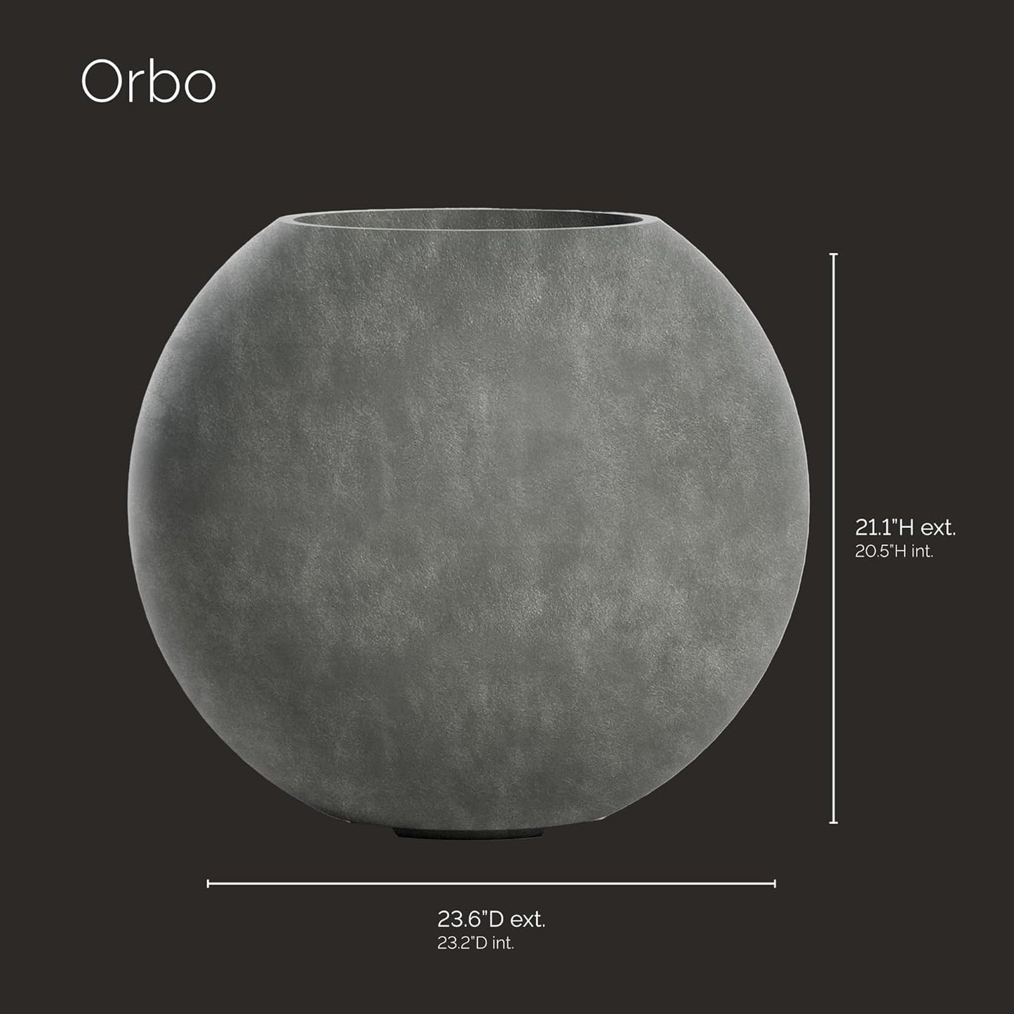 Orbo Globe Sphere Planter – Grey Stone Finish – Fiberglass Indoor/Outdoor and Weather-Resistant Round Planter (23.6" D x 21.1" H Exterior, 23.2" D x 20.5" H Interior)