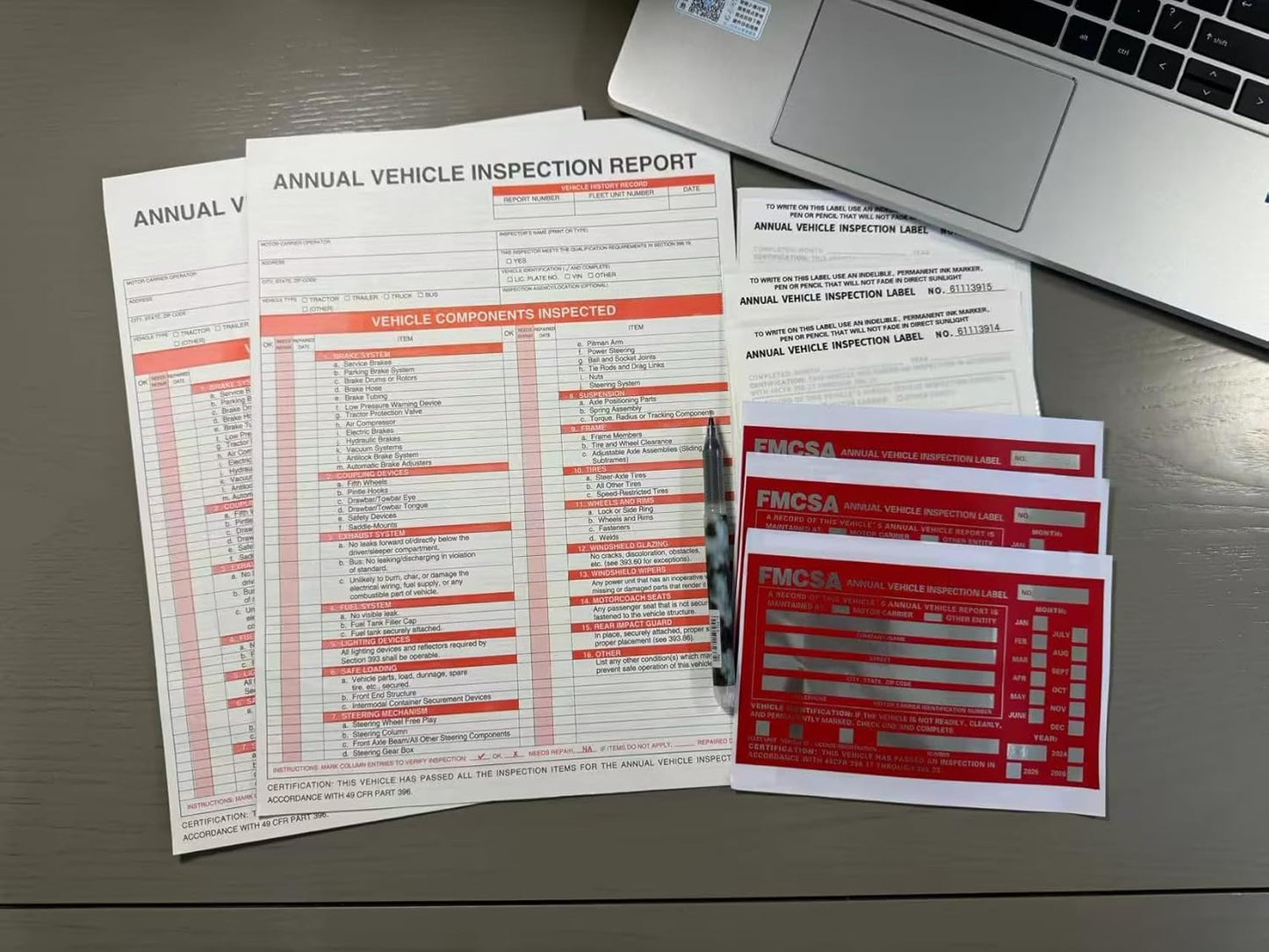 25 Pack 3-Ply Carbonless Annual Vehicle Inspection Report Form with White Interior Inspection Label and Red Exterior Aluminum Inspection Label