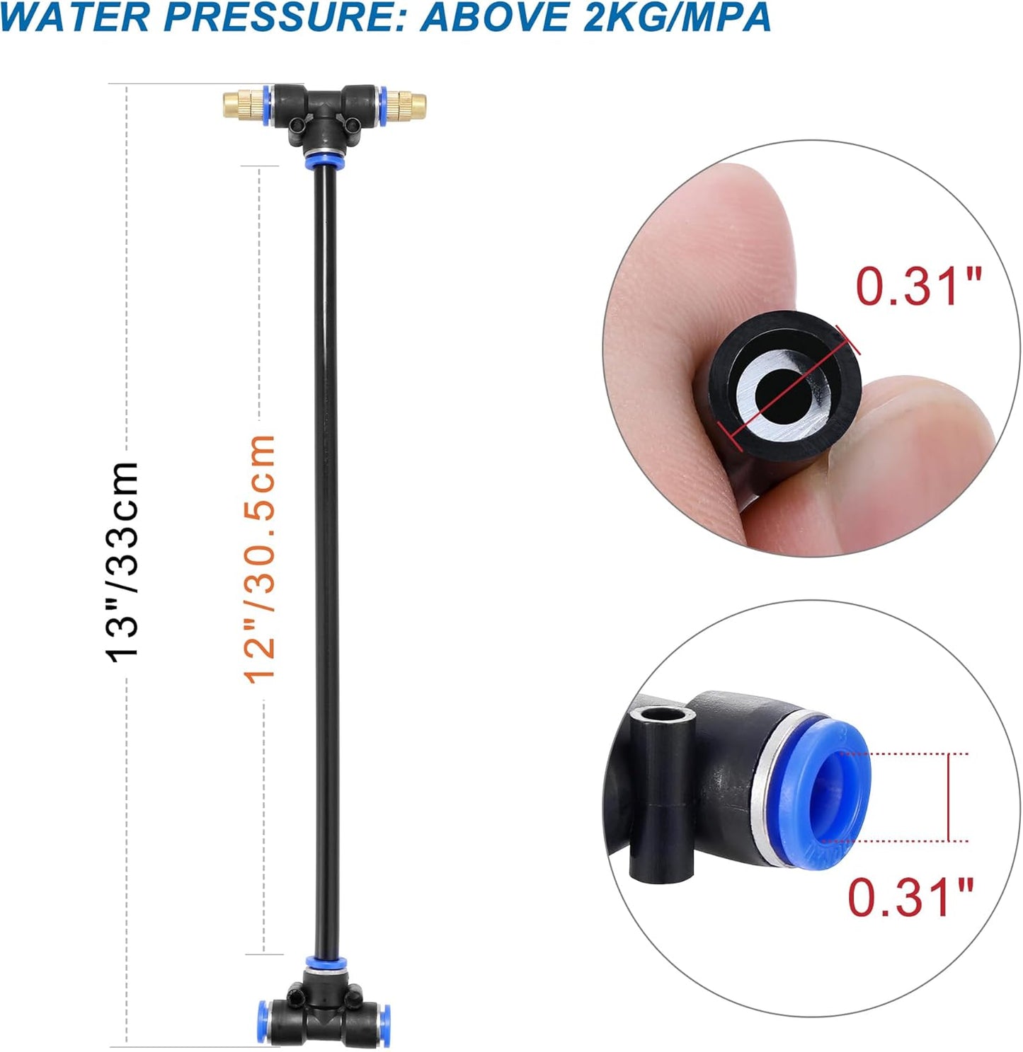 Mornajina 3Packs 2 Way Brass Misting Nozzles Tee with 12inch Built in Hose for Outdoor Cooling System, Adjustable 360° Rotation, Water Mister Nozzles Thread Sprayer 0.043" (1.1 mm)