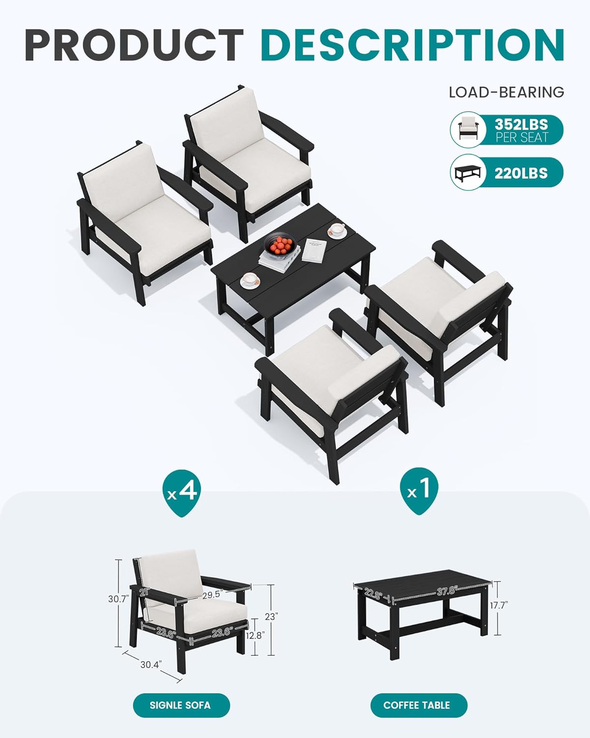 SERWALL Outdoor Patio Furniture Set, 5 Piece HDPE Patio Conversation Sets, All-Weather Wood-Like Outdoor Couch Loveseat and Coffee Table with Thick Cushions for Porch Balcony Garden Backyard