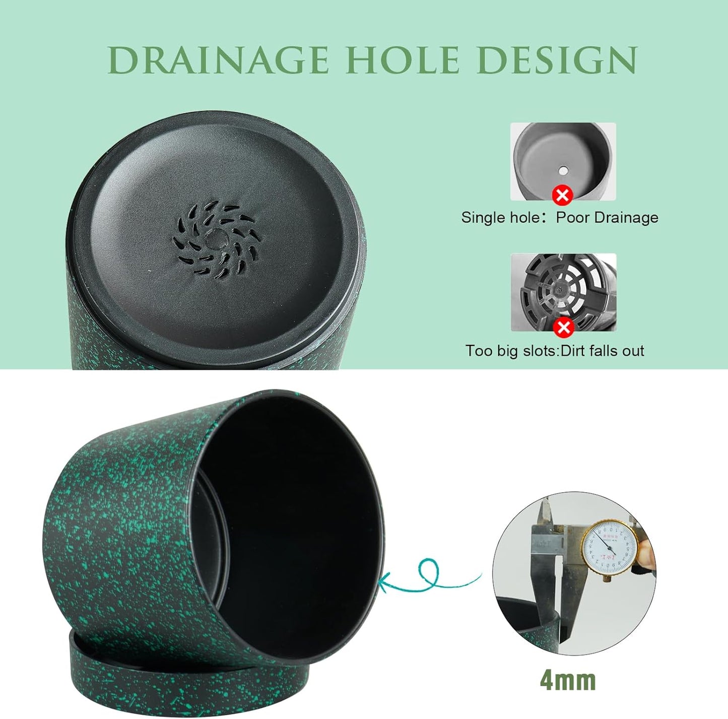 7/6.5/6/5/4 inch Plant Pots, 5 Pack Cylinder Flower Pots for Small Indoor Outdoor Plants, Plastic Planters with Drainage Holes and Saucer for Garden Succulent Plants, Black With Green Speckles