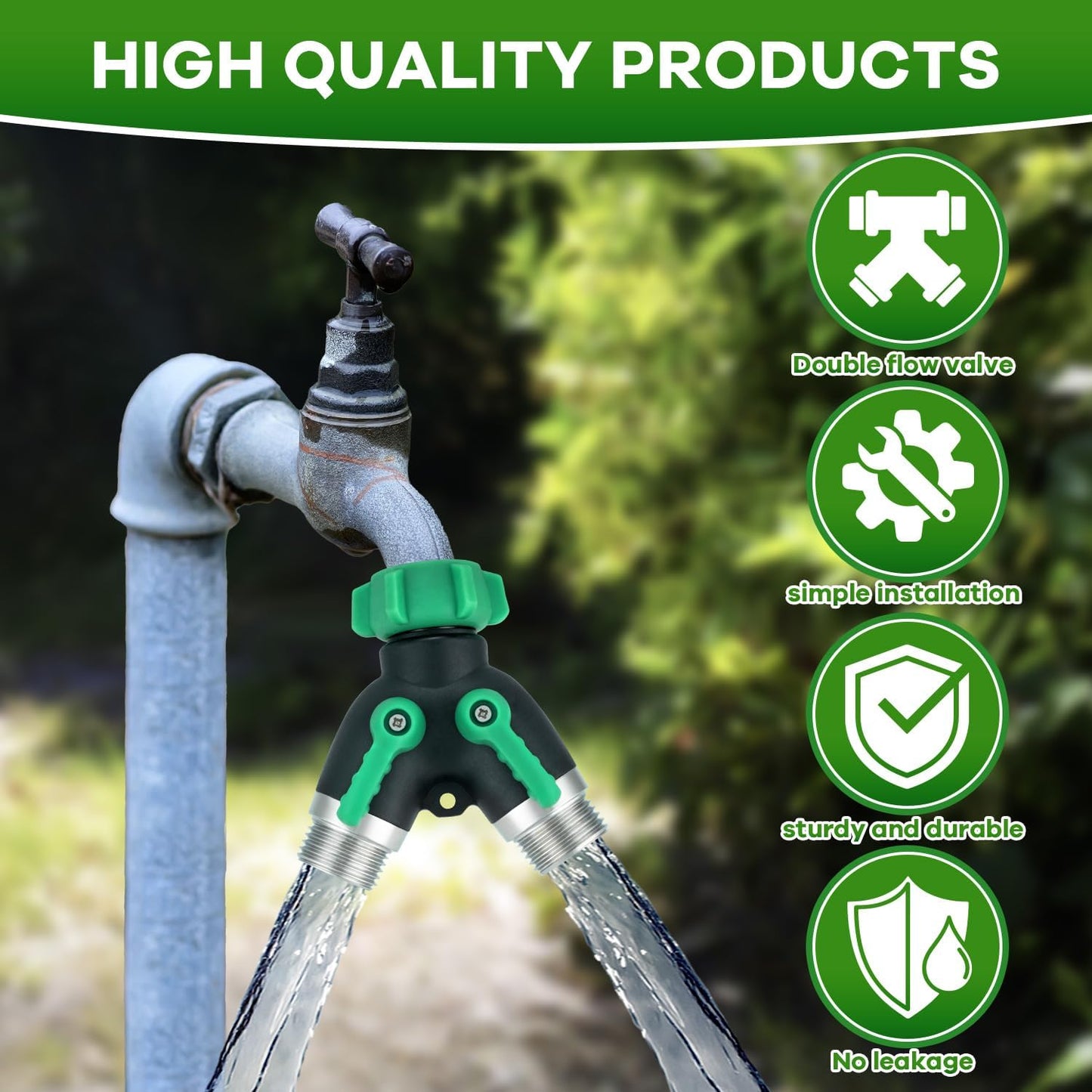 Garden Hose Splitter 2 Way, 304 Stainless Steel Hose Splitter 2 Way Heavy Duty, 3/4" Full Flow Y Valve Water Hose Splitter, Outdoor Faucet Splitter Y Connector for Garden Hose