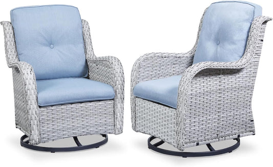 Outdoor Patio Swivel Rocker Chairs - Wicker Rattan Patio Swivel Rocking Chairs Set of 2 with High Back,Deep Seating and Comfort Cushions for Deck Porch Garden,Light Grey/SkyBlue