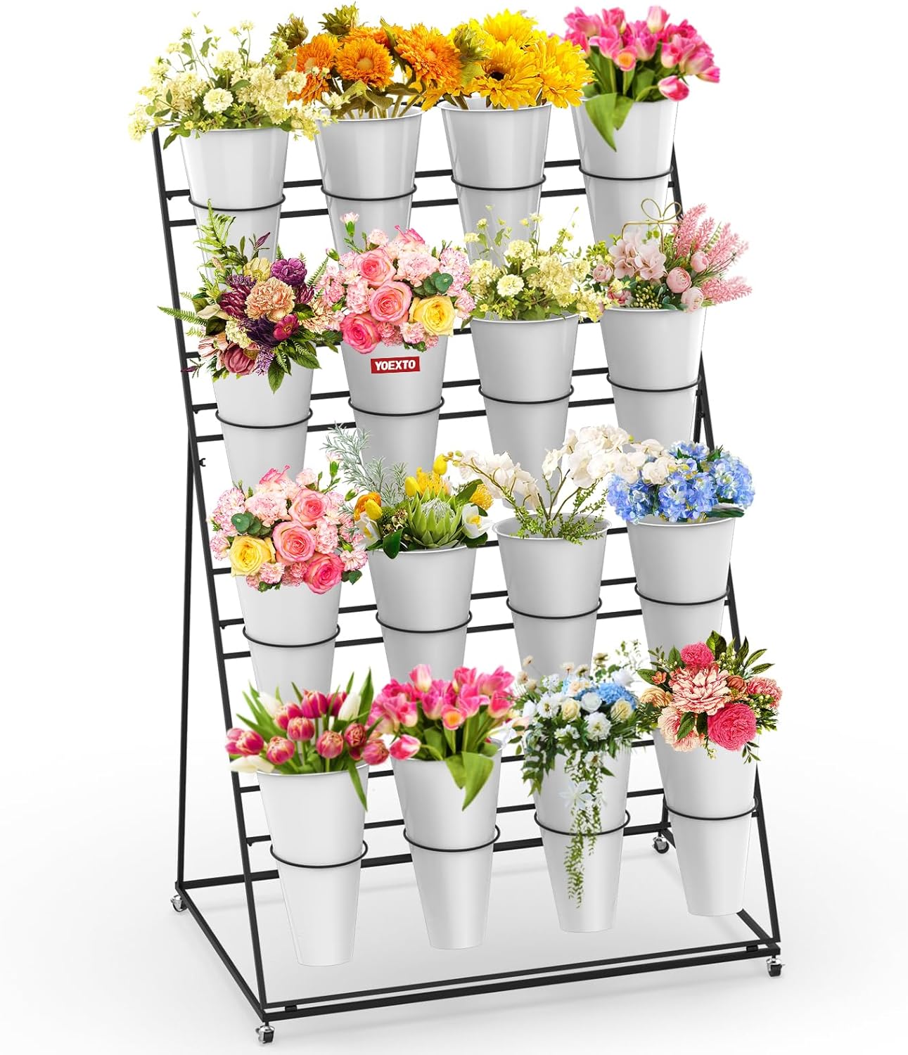 Flower Display Stand 4 Layers with 16 PCS Round Buckets, Plant Stand with Wheels, Movable Metal Plant Stand for Terrace Garden, Florist Shop
