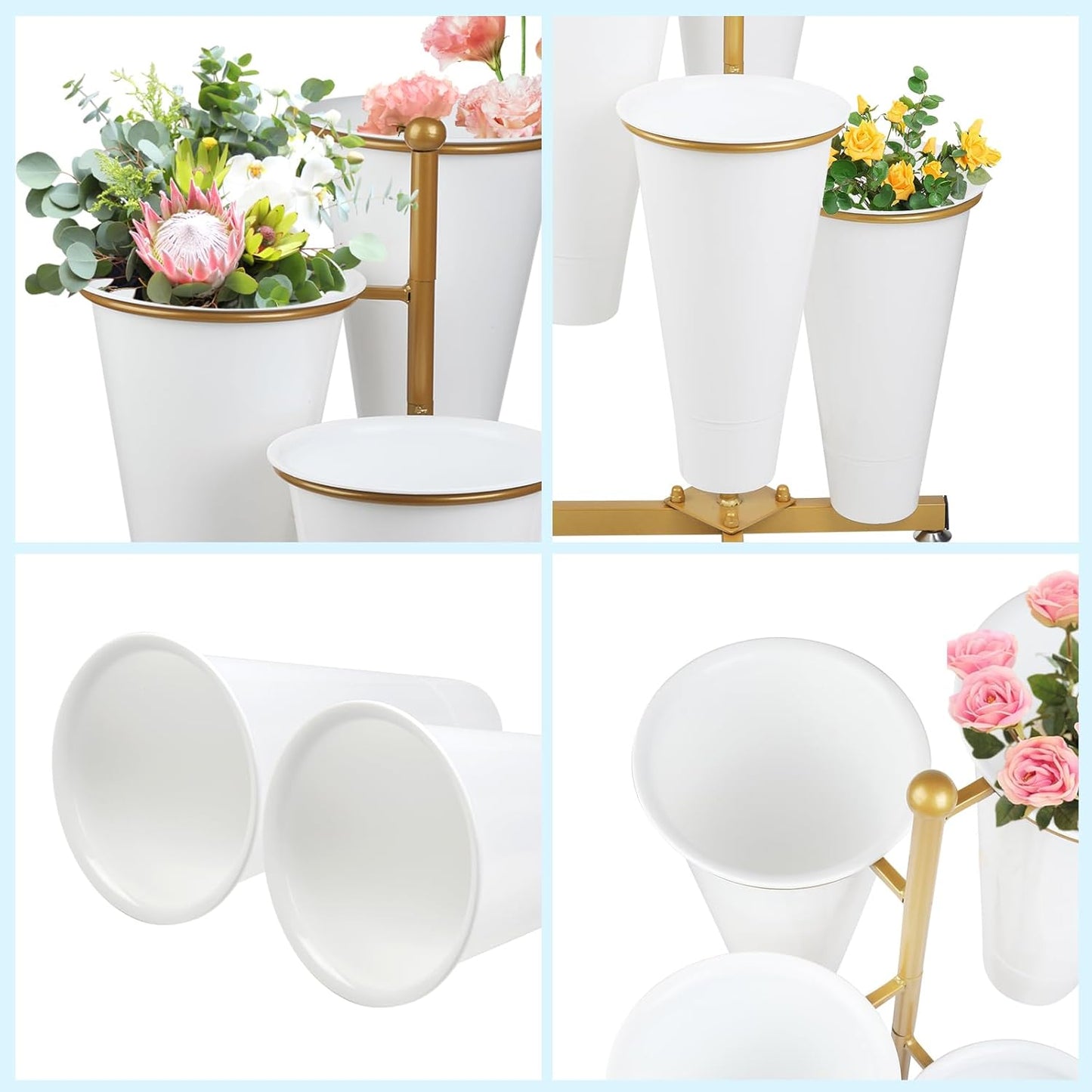 Flower Display Stand with 4 Bucket,Floral Stand with Foldable Frame for Silk Fresh Flowers,4 Tier Florist Shelf Plant Cart for flower shop Garden Living Room,Easy to Install (Gold Shelf+ White Bucket)