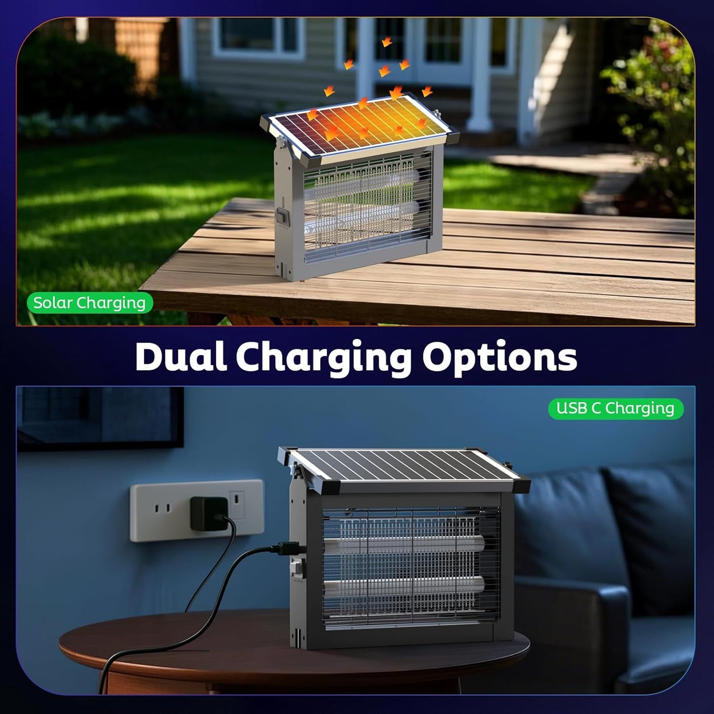 Solar Bug Zapper Outdoor, Mosquito Zapper Waterproof Electric Fly Zapper Rechargeable Mosquito Killer Lamp with 10W Solar Panel, 4500V Cordless Fly Trap for Backyard, Patio, Garden, RV, Camping