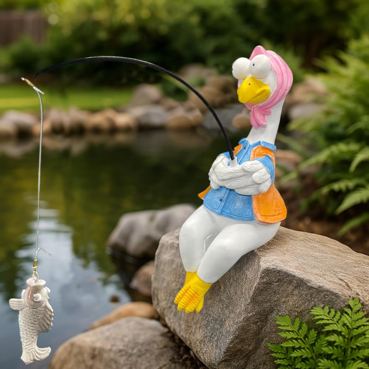 Chicken Fishing Statue Garden Decor – 9.8" Weatherproof Resin Chicken Fishing Sculpture Decor for Fish Ponds, Koi Ponds, Waterfalls, Poolside/Outdoor Gardens– Resin Figurine for Indoor/Outdoor Décor