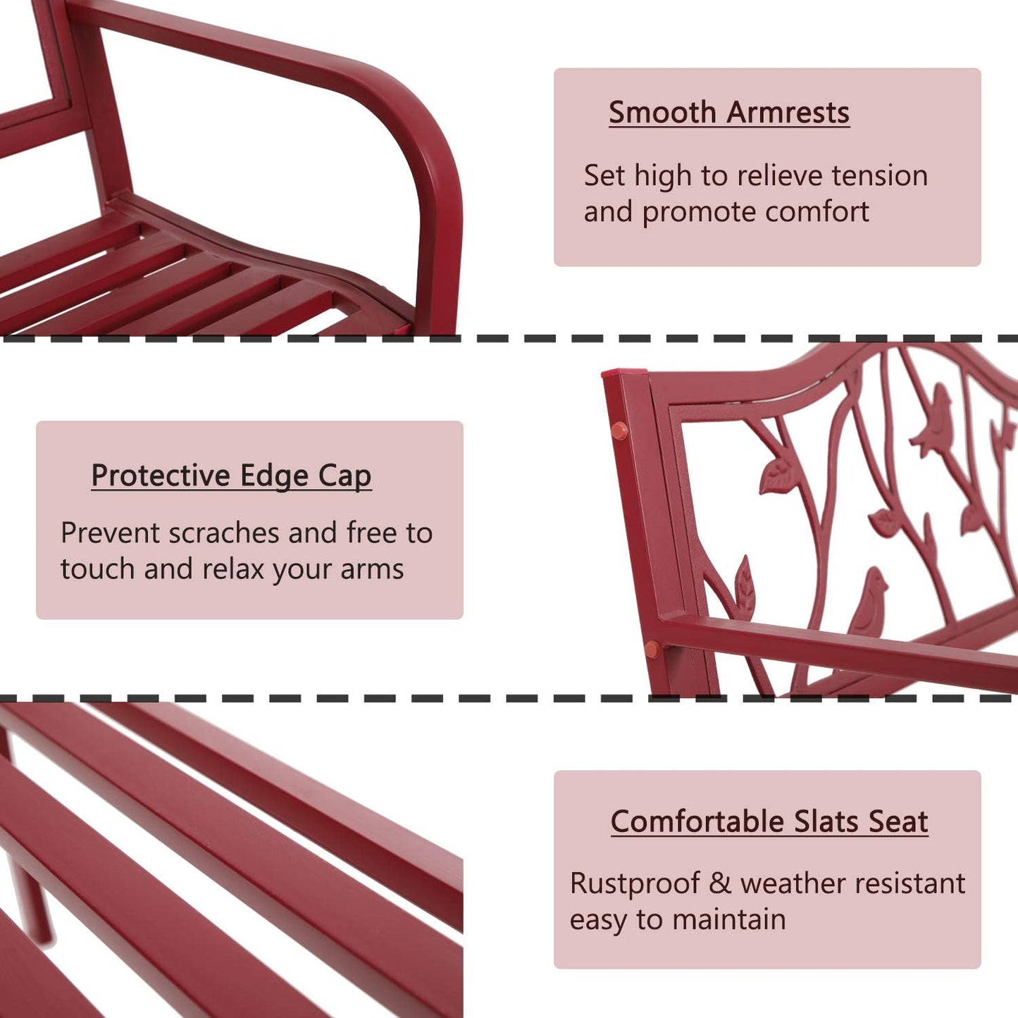 MFSTUDIO 50" Outdoor Red Garden Bench, Steel Metal Frame Patio Park Bench with Bird Pattern Backrest for Porch Backyard Lawn