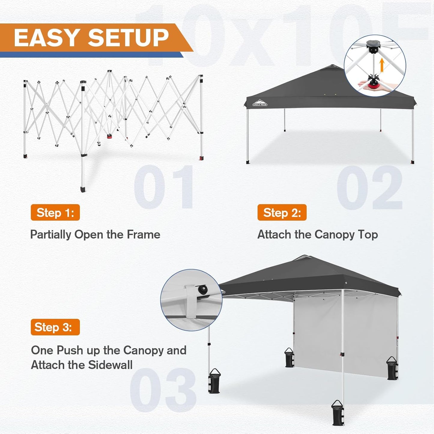 EAGLE PEAK Pop Up Canopy Tent with 1 Sidewall, Easy Setup Event Tent, Outdoor Sun Shade, Wheeled Carry Bag, Stakes and Guy Ropes, Instant Canopy 10x10, Gray