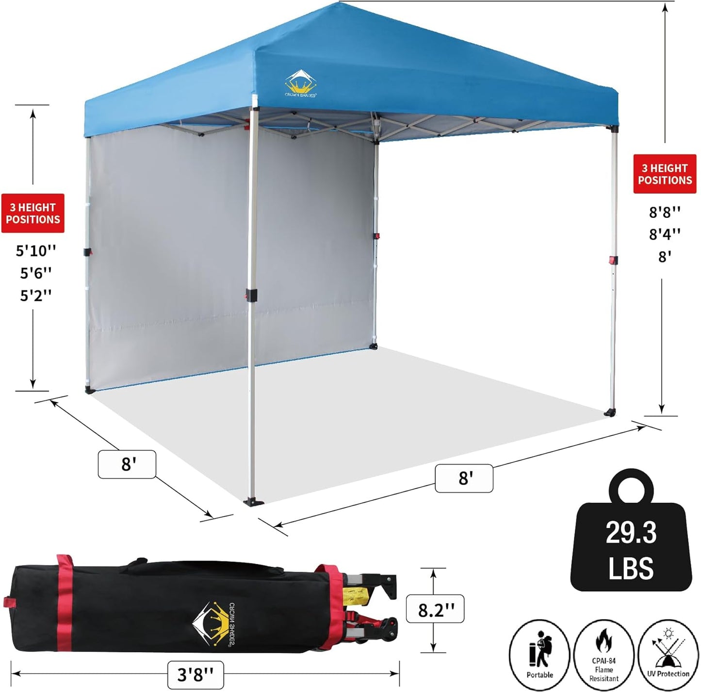 CROWN SHADES 8x8 Pop Up Canopy with 1 Side Wall - Beach Tent with One Push Setup - Outdoor Sun Shade for Events, Parties, Camping - Gazebo with STO-N-Go Cover Bag (Sky Blue)