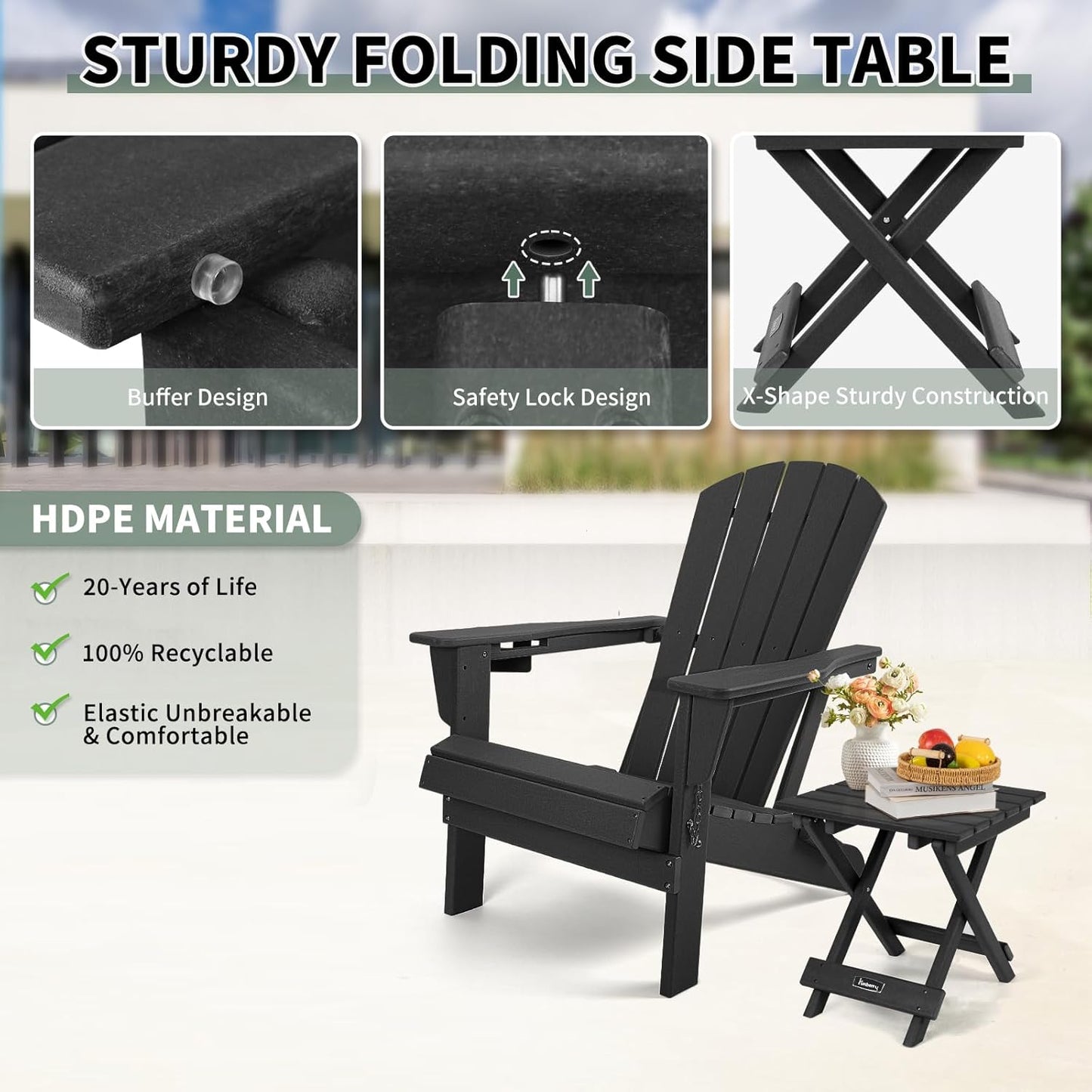 FUNBERRY Outdoor Folding Adirondack Side Table, Portable No Assembly Patio End Table HDPE All Weather