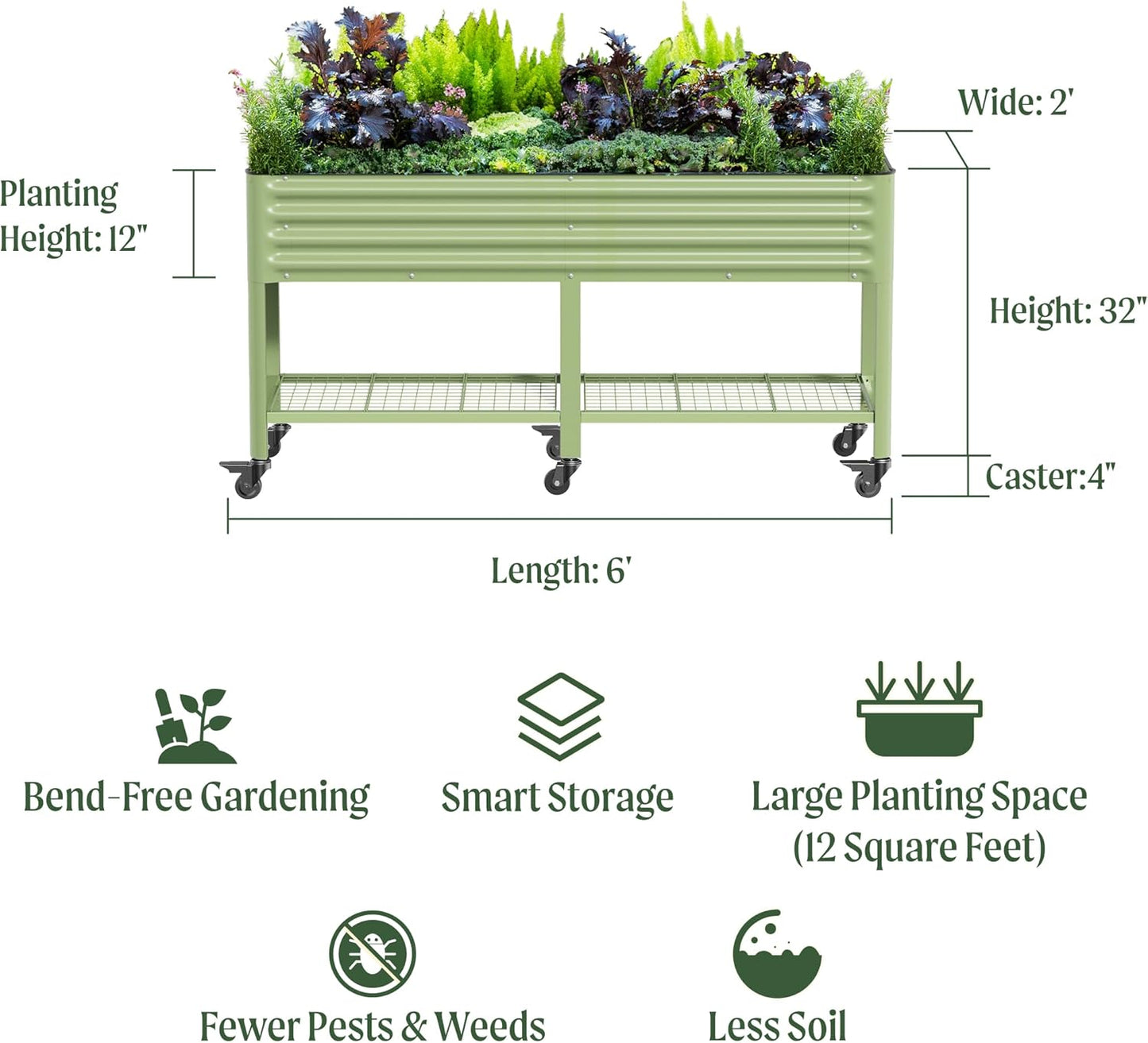 Rolling Elevated Raised Garden Bed-V Series, 2' x 6' Garden Beds with Legs & Storage Rack for Patio & Porch, 1000 Lbs Weight Capacity, Outdoor Planter Box for Vegetables Flower Herbs, Olive Green