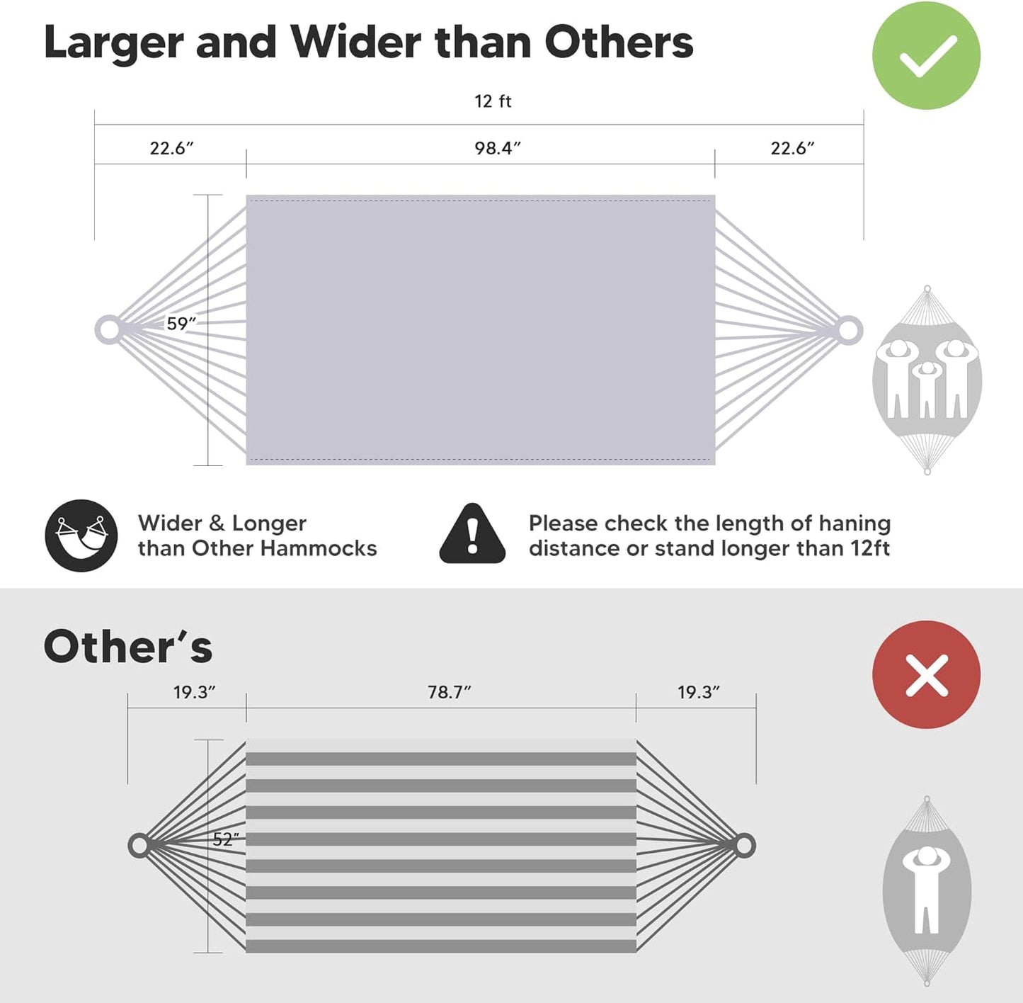 SUNCREAT Tree Hammocks for Outside, Double Hammocks 2 Person Heavy Duty for Trees, Light Gray