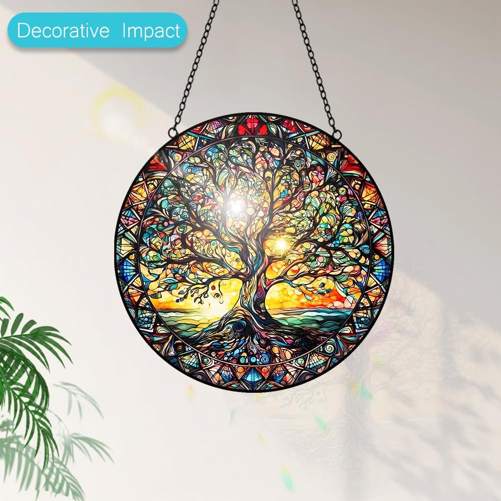 Tree of Life Suncatcher Stained Glass Window Hanging - 8″ Handmade Sun Catchers Indoor Window Catcher Suncatchers for Windows Hanging - Wall Art Home Garden Fall Decor Birthday Gifts for Women Men