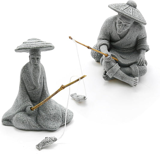 2PCS Sitting Fishing Figurines Sandstone Vintage Ornament Japanese Decor for Fish Tank Pot Garden Home Aquarium Mini Fisherman Statue Asian Zen Decoration