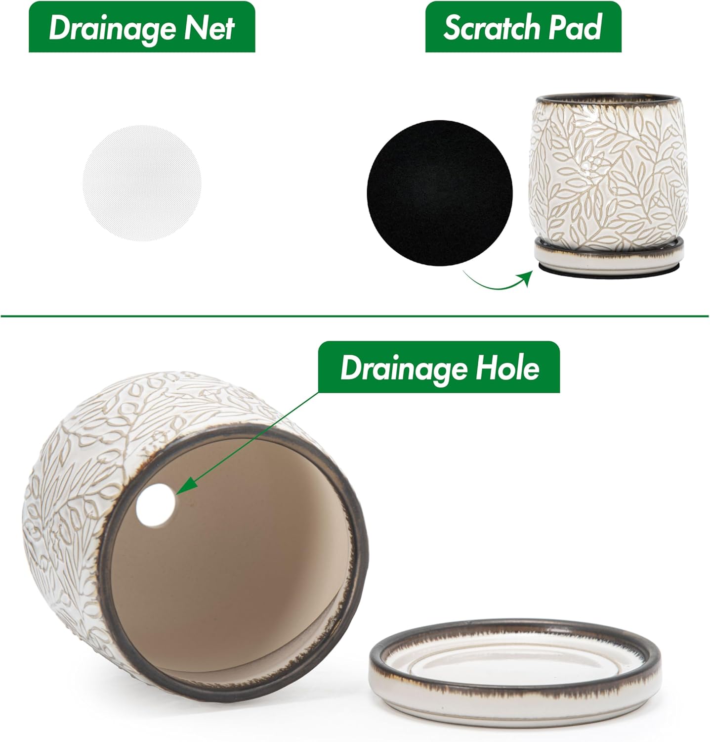 D'vine Dev 4 Inch Embossed Leaves Stoneware Planter Pot with Drainage Hole and Saucer, Smoked White, Set of 2, 27-F-Z-1