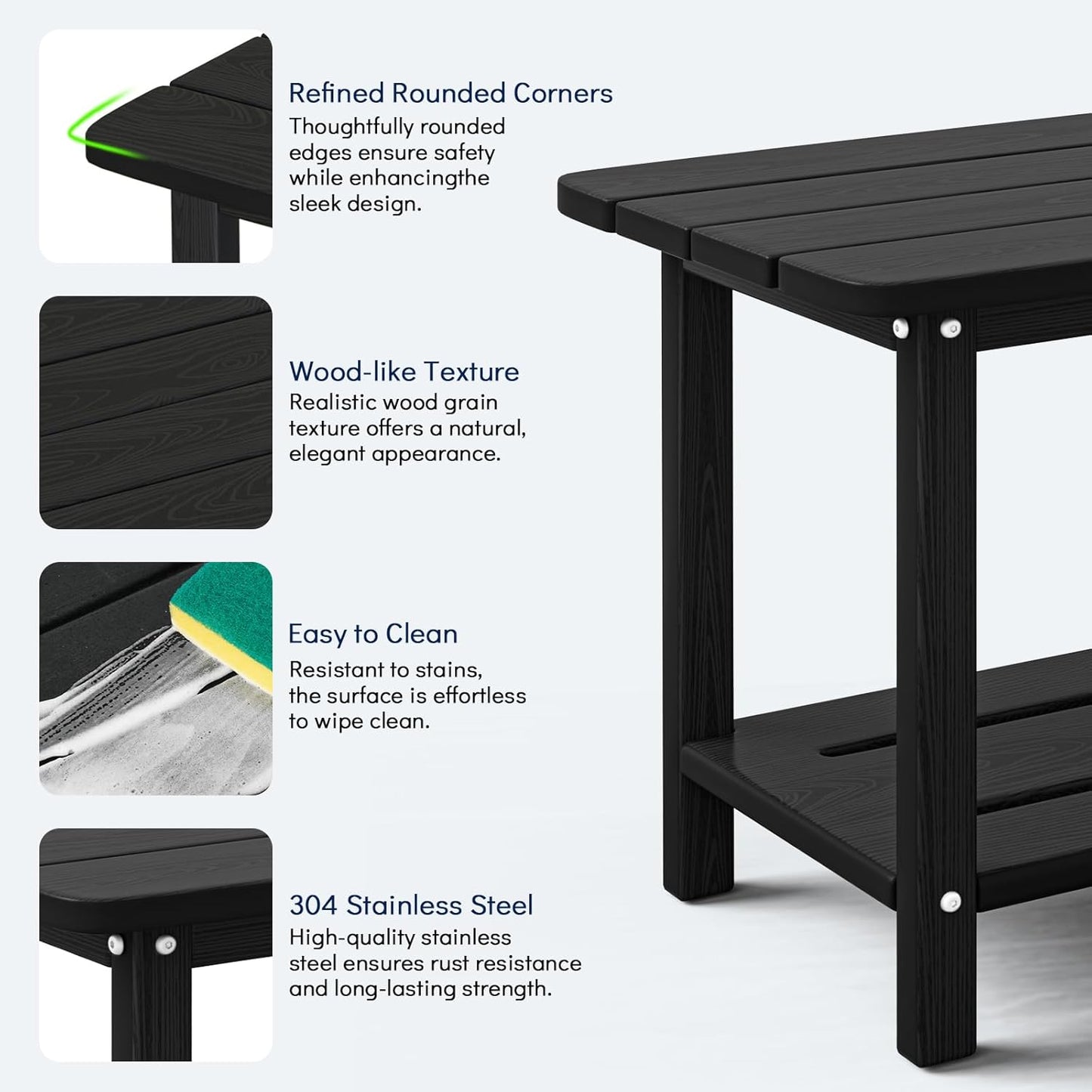 Adirondack Square Side Table - 18.4" Large Panel HDPE Outdoor End Table - Weatherproof, Rustproof & Low Maintenance for Patio, Lawn, Pool, Indoor Use (Black)