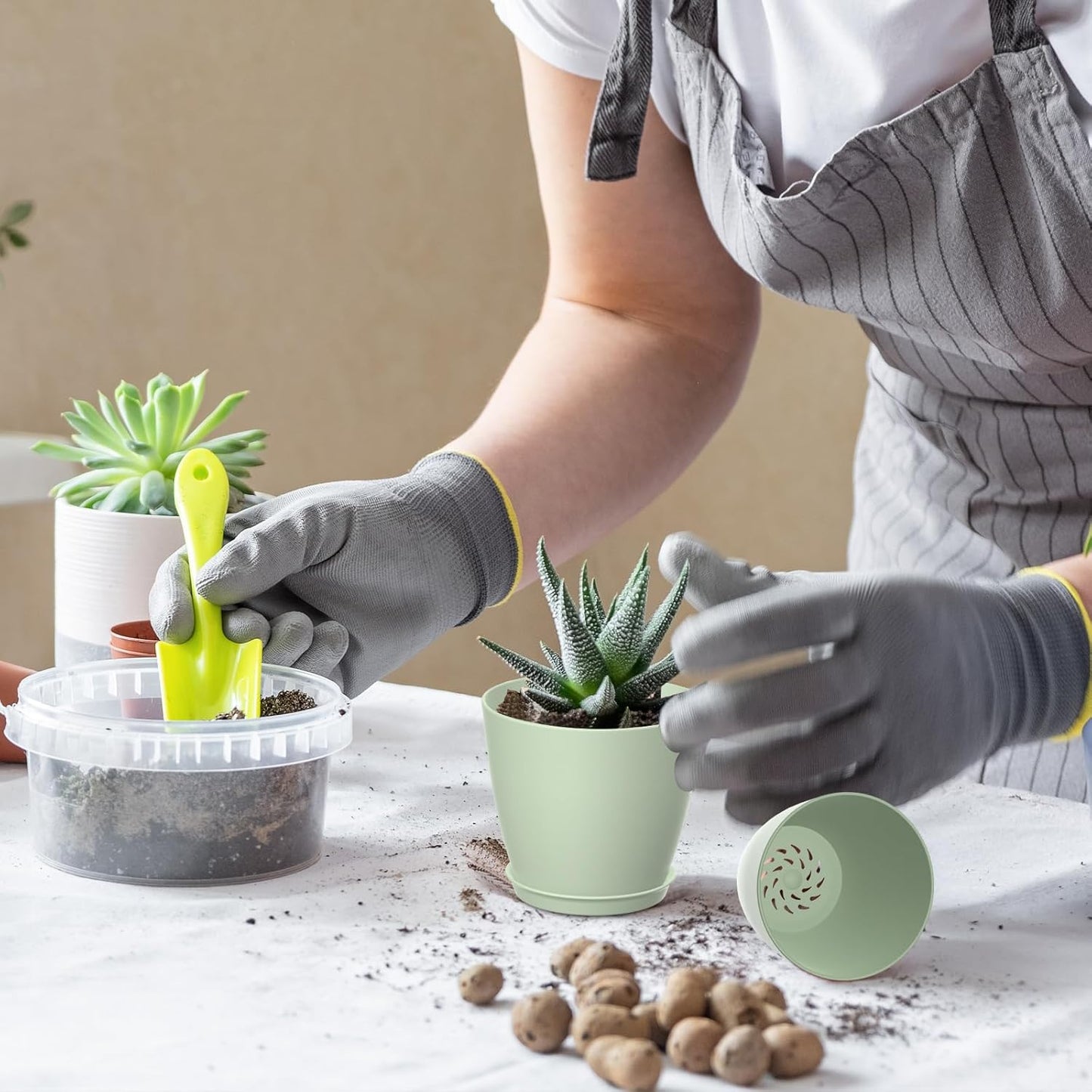 8 Pack 4 Inch Plant Pots with Drainage Holes and Saucers, Pots for Plant Indoor, Plastic Planters for Succulents and Small Plants, Green