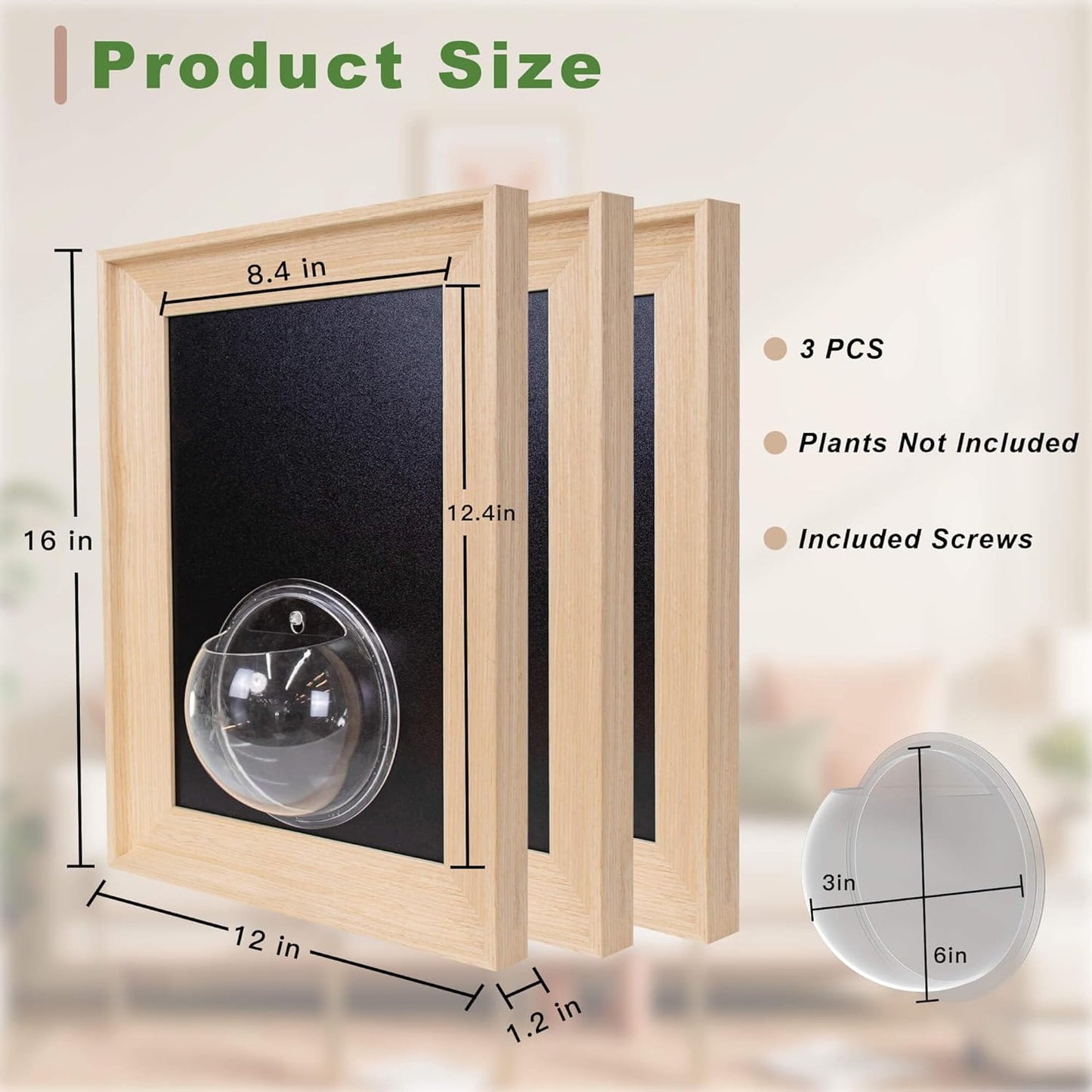 Natural Wooden Frame Wall Hanging Planter for Hydroponic Plants, 12'' x16''inch Wall Vase with Round Acrylic Propagation Station，Bathroom, Office, or Living Room Décor, Set of 3