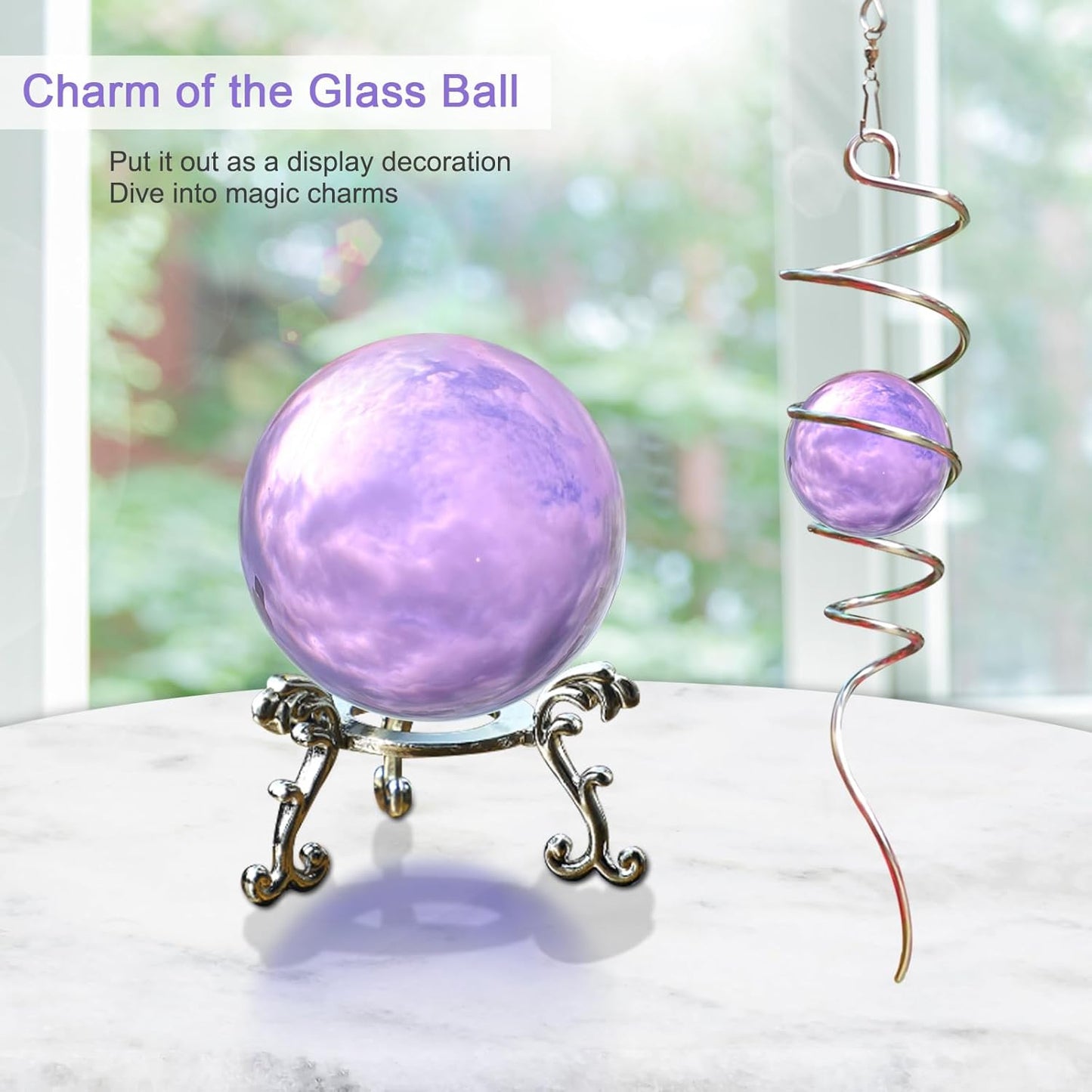 Gazing Ball Spiral Tail with Purple Glass Orb, Wind Spinners Stabilizer, Stainless Steel Wind Spinner Tail, Outdoor Décor, Hanging Garden Sculptures Decoration Ornament 13inch Height