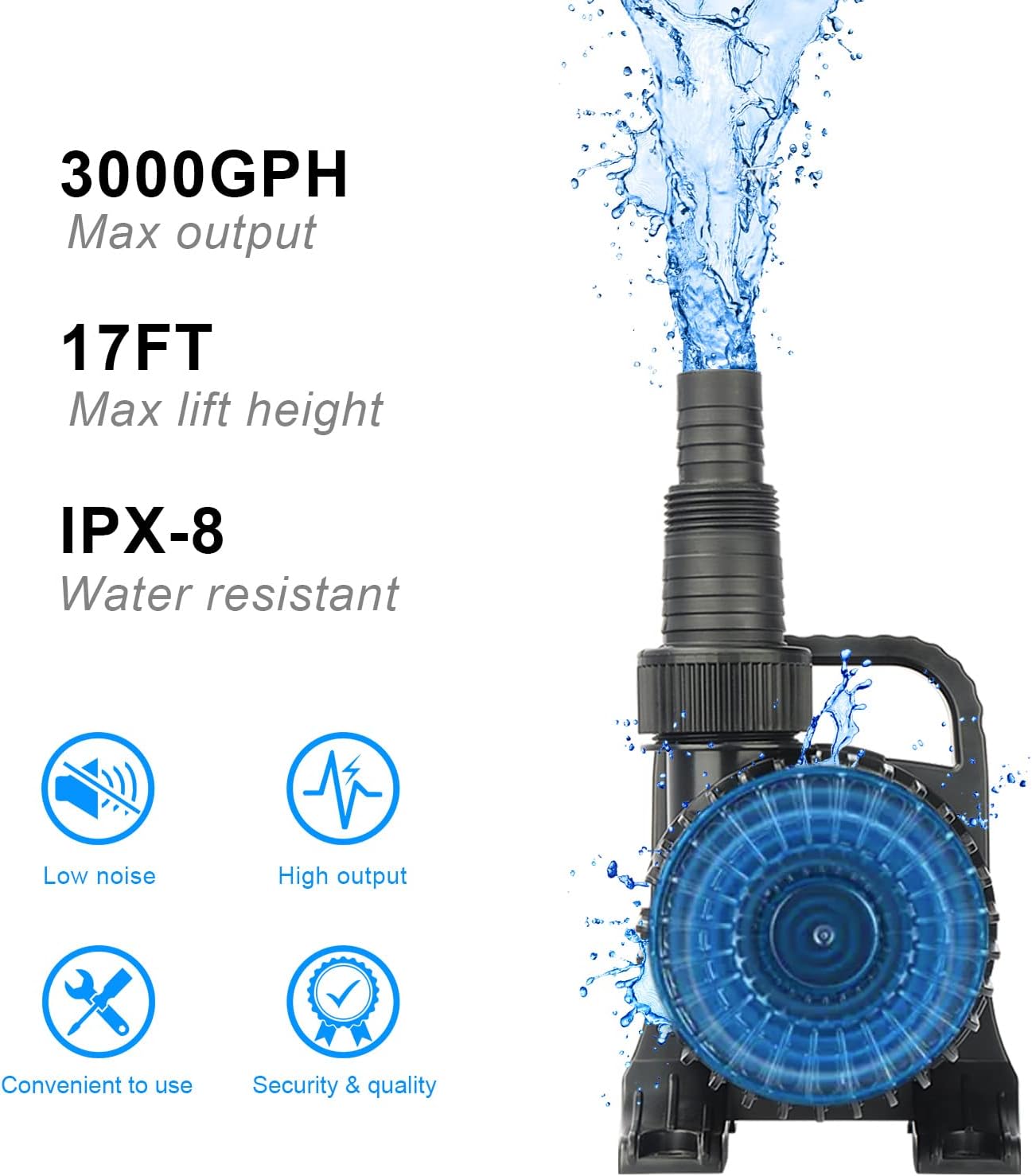 OYO WATER Outdoor 3000gph-155W 32.8FT Pond Water-fall & Kio Fish Fountain-s &Garden Pump Submersible IPX8: Long 32.8FT Cord Smart-er & Quieter Duck & Yard Ponds Pumps, 1 Barrier Pump Bag