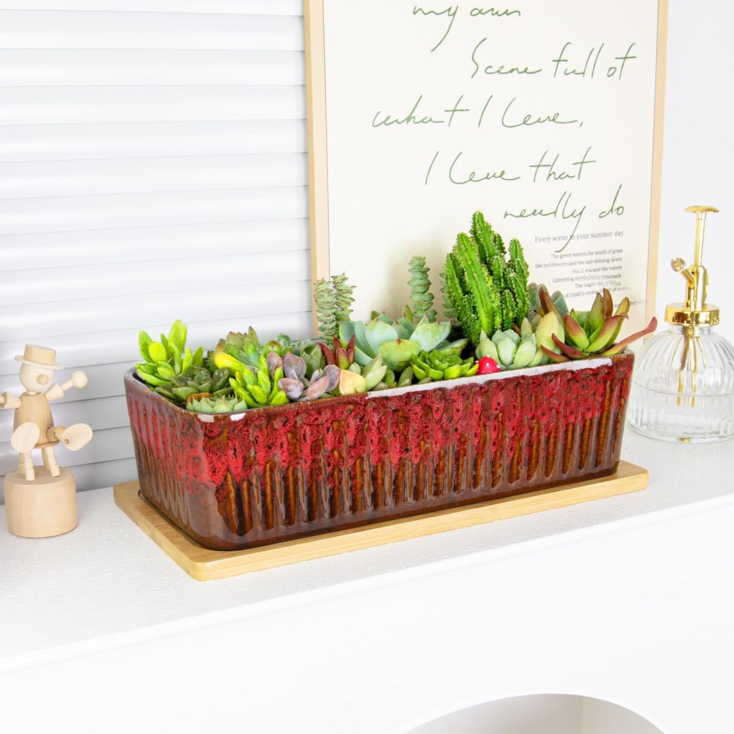 Succulent Pots - 12 Inch Large Succulent Planters with Drainage Tray, Window Sill Planter, Long Rectangle Ceramic Pots for Indoor Cactus Plants Shallow Bonsai Window Box for Home Garden Decor