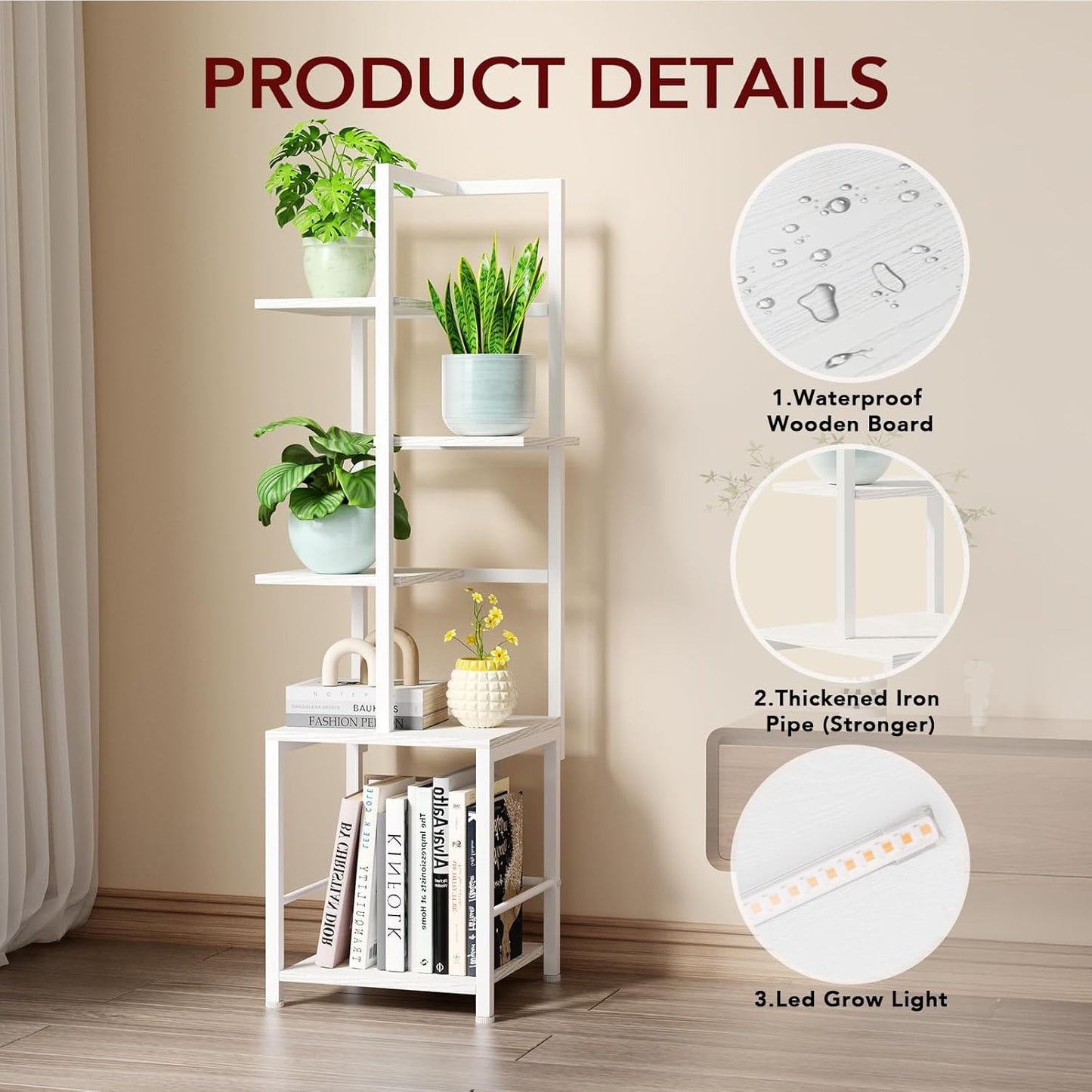 Plant Stand Indoor with Grow Light, 5-Tiered Tall Plant Stand Indoor, Metal Plant Shelf with Bookshelf Bookcase and Adjustable Light, Ideal for Living Room, Reading room, Garden, Patio (white)