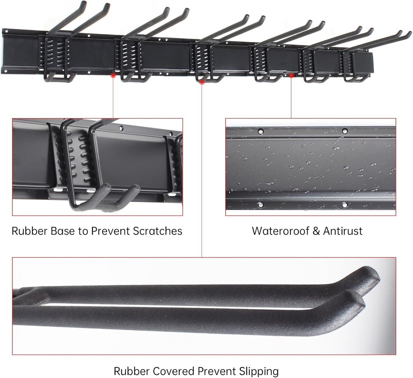 Garage Storage Rack Hooks, 48 Inch Heavy Duty Wall Mount Garage Organization with 3 Rails and 6 Adjustable Double Wall Hooks,Hanging Shelves for Garden Tool/Broom/Mop(Black)