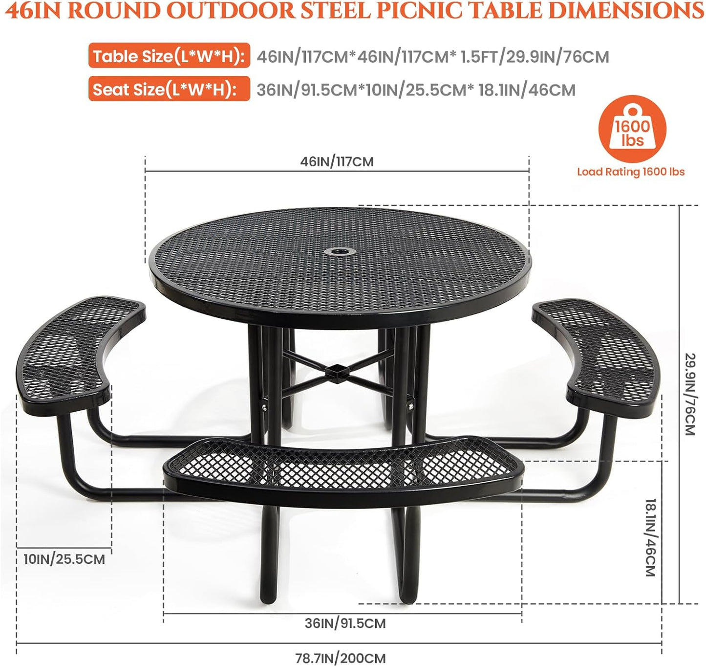 Heavy-Duty Park Bench or Table for Outside - Black Coated Outdoor Furniture Steel Bench, Commercial-Grade Outdoor Benches Weatherproof for Park, Patio, Porch (Black, 46” (Rd. Table))