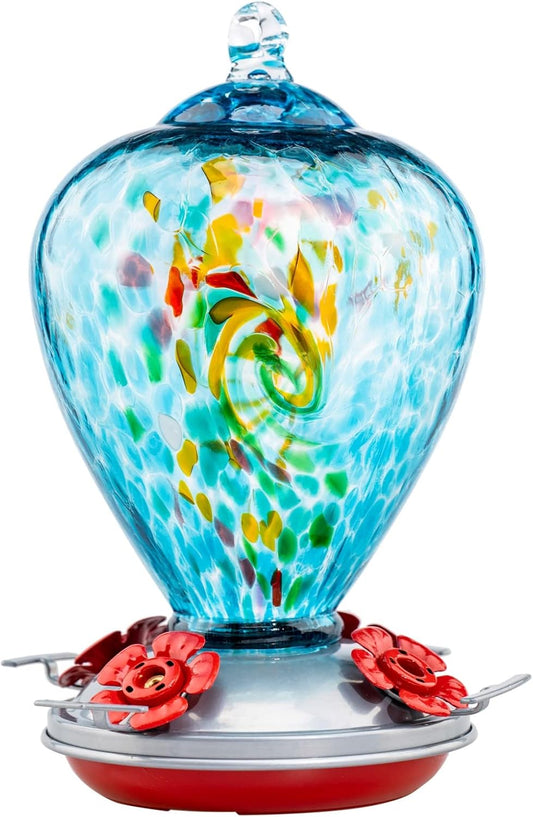 Muse Garden Hummingbird Feeders for Outdoors Hanging, Blown Glass Hummingbird Feeder Unique Gifts for Women, Containing Ant Moat, Garden Decor, 34 Ounces, Blue Chatoyant
