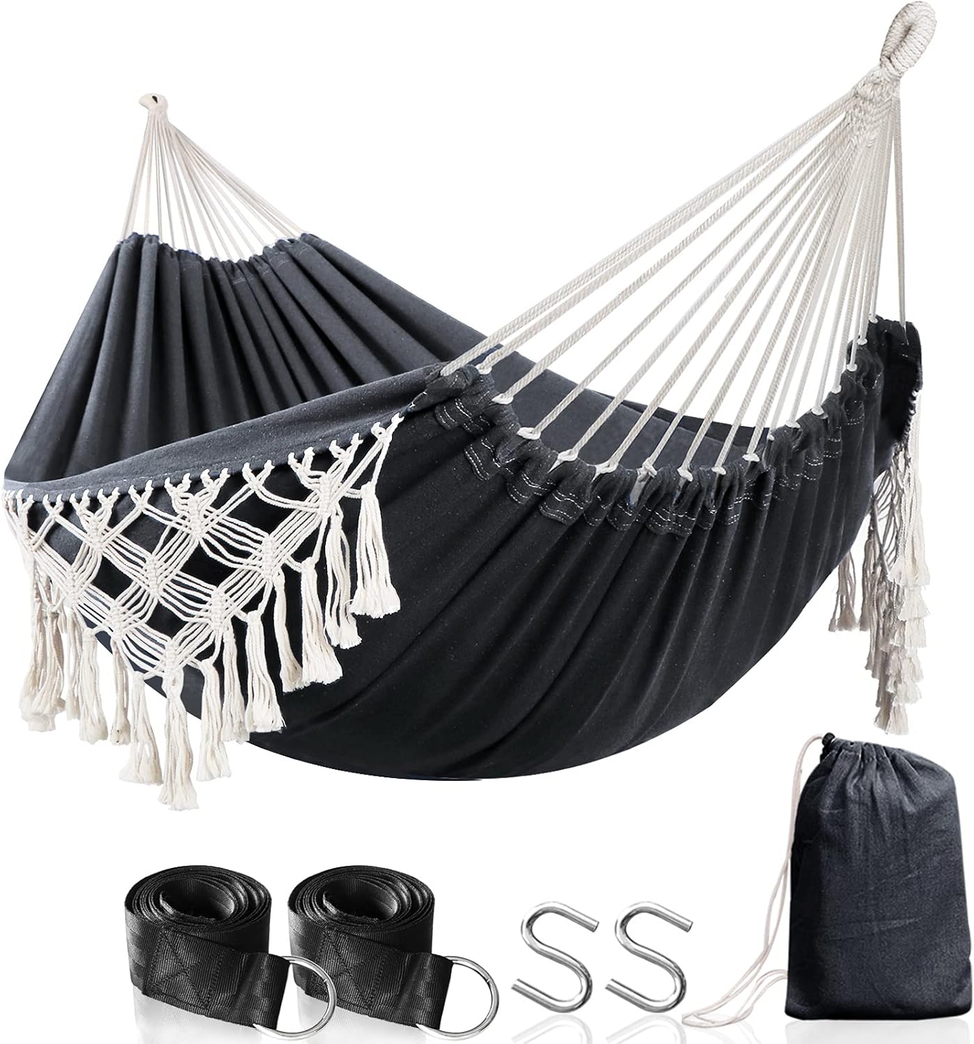 Anyoo Cotton Hammock - Comfortable & Elegant Deluxe Hammock with Tassels - Supports Up to 450lbs - Portable with Travel Bag for Porch, Patio, Yard, Bedroom & Outdoor/Indoor