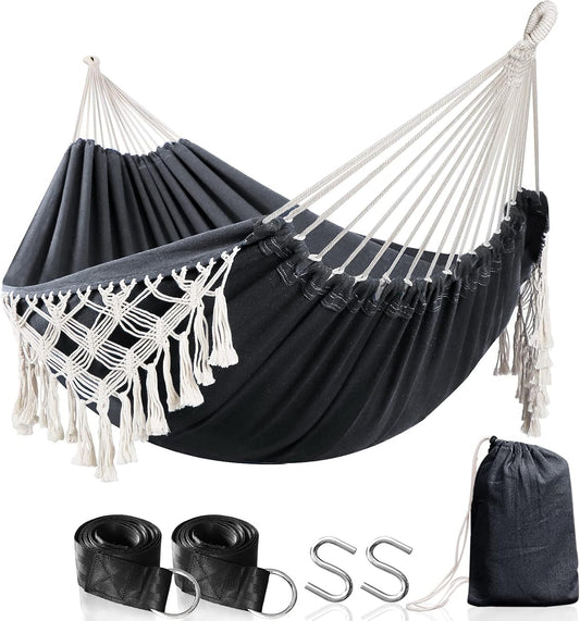 Anyoo Cotton Hammock - Comfortable & Elegant Deluxe Hammock with Tassels - Supports Up to 450lbs - Portable with Travel Bag for Porch, Patio, Yard, Bedroom & Outdoor/Indoor