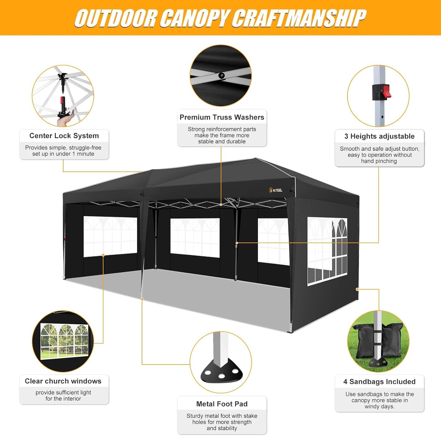 HOTEEL 10x20 Pop up Canopy with 6 Sidewalls, One Push Instant Setup Outdoor Canopy Tent with Reinforce Rod, Weight Bag, for Parties, Events, Black