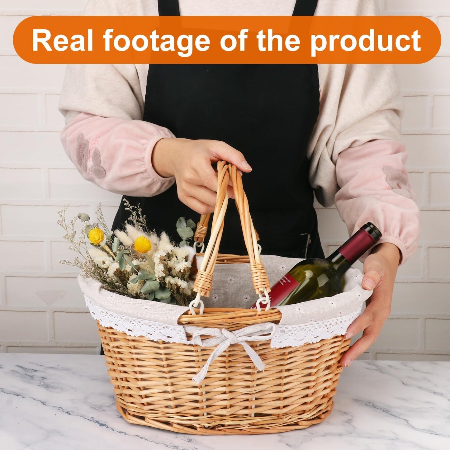 2 Pack Natural Wicker Basket with Linen Lining, 14 & 12 Inch Wicker Woven Picnic Basket with Handle for Picnic, Camping, Outdoor Party