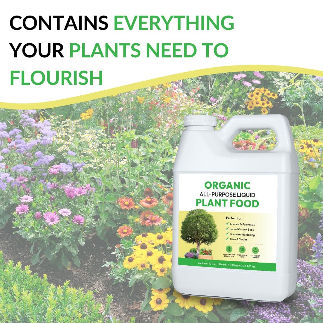 Organic All-Purpose Liquid Plant Food Pump Bundle: for Outdoor Plants, Flower Beds, Veggie Gardens, Container Gardening | Concentrated Liquid Fertilizer Alternative (1 Gallon + Pump, Mixes to 128G)
