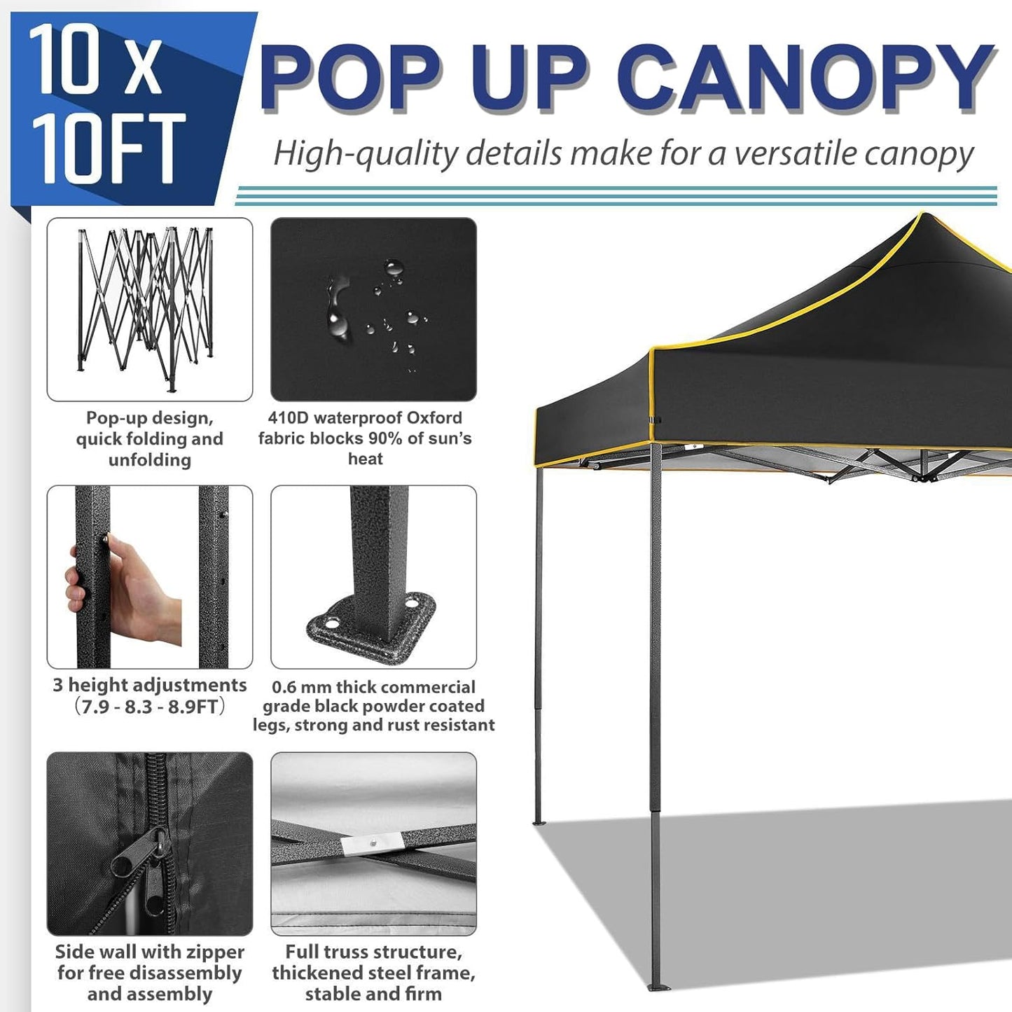 COBIZI 10x10 Heavy Duty Pop up Canopy with 4 Removable Sidewalls, Canopy Tent with Portable Bag, Ez Pop up Tent Commercial Gazebo Waterproof Sunshade for All Weather Party Camp Stall Patio