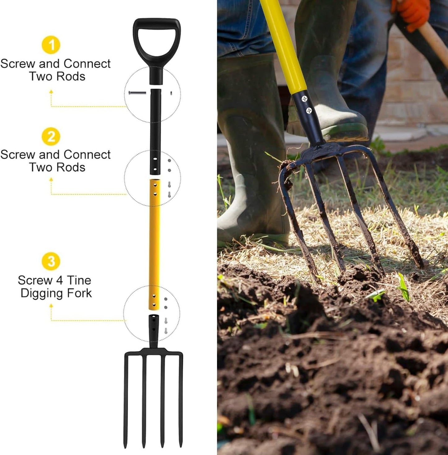 Pitchfork, Steel Tines, Manual Hay Fork, Pitchforks for Gardening Digging Composting Spading,4Tines Garden Fork witn Fiberglass Handle,46Inches (Black)