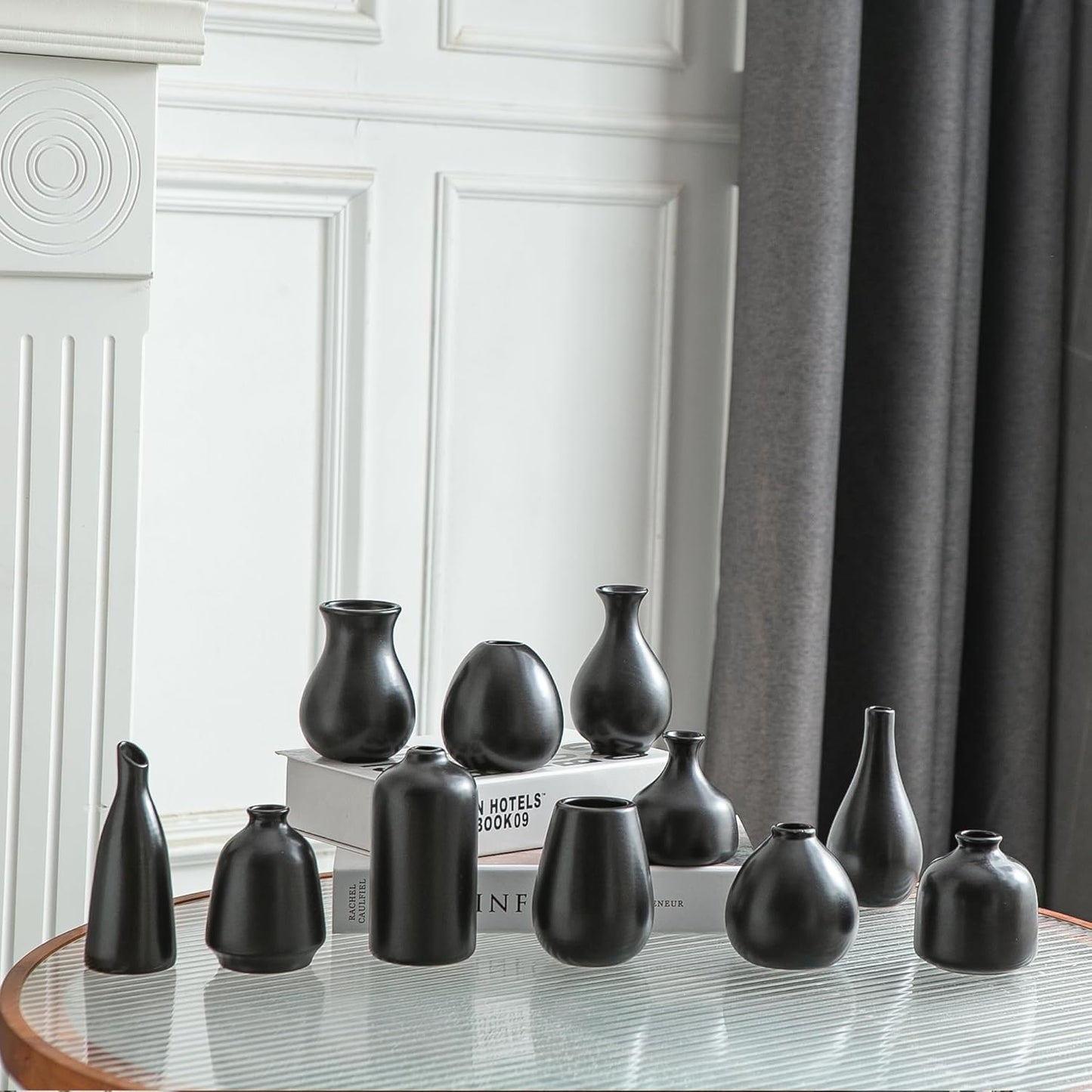 JOJUNO Black Bud Vases, Small Ceramic Vase Set of 11, Mini Pottery Vases for Flowers, Decorative Pieces for Home Modern Decor, Boho Decor, Chic Accents for Living Room Dining Table Shelves
