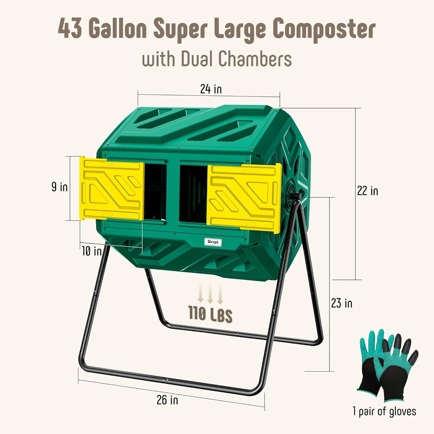 Compost Bin, Outdoor Composter, Fast Assembly 43 Gallon Dual Chamber Outdoor Compost Tumbler, Heavy Duty Tumbling Rotating Composter for Patio, Garden,Yard, Green, Easy Setup, Gloves Included